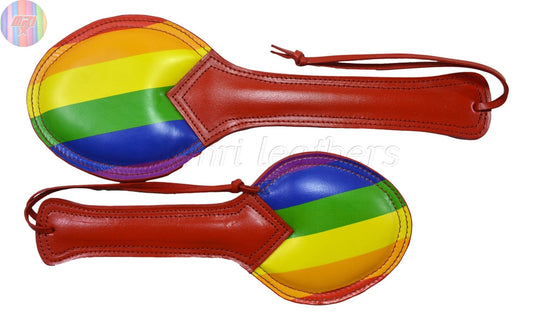 Rainbow Pride Leather Spanking Paddle – Handmade Red Handle Impact Toy – LGBTQ+ Flag Paddle for BDSM, Fetish & Kink Play - MRI Leathers