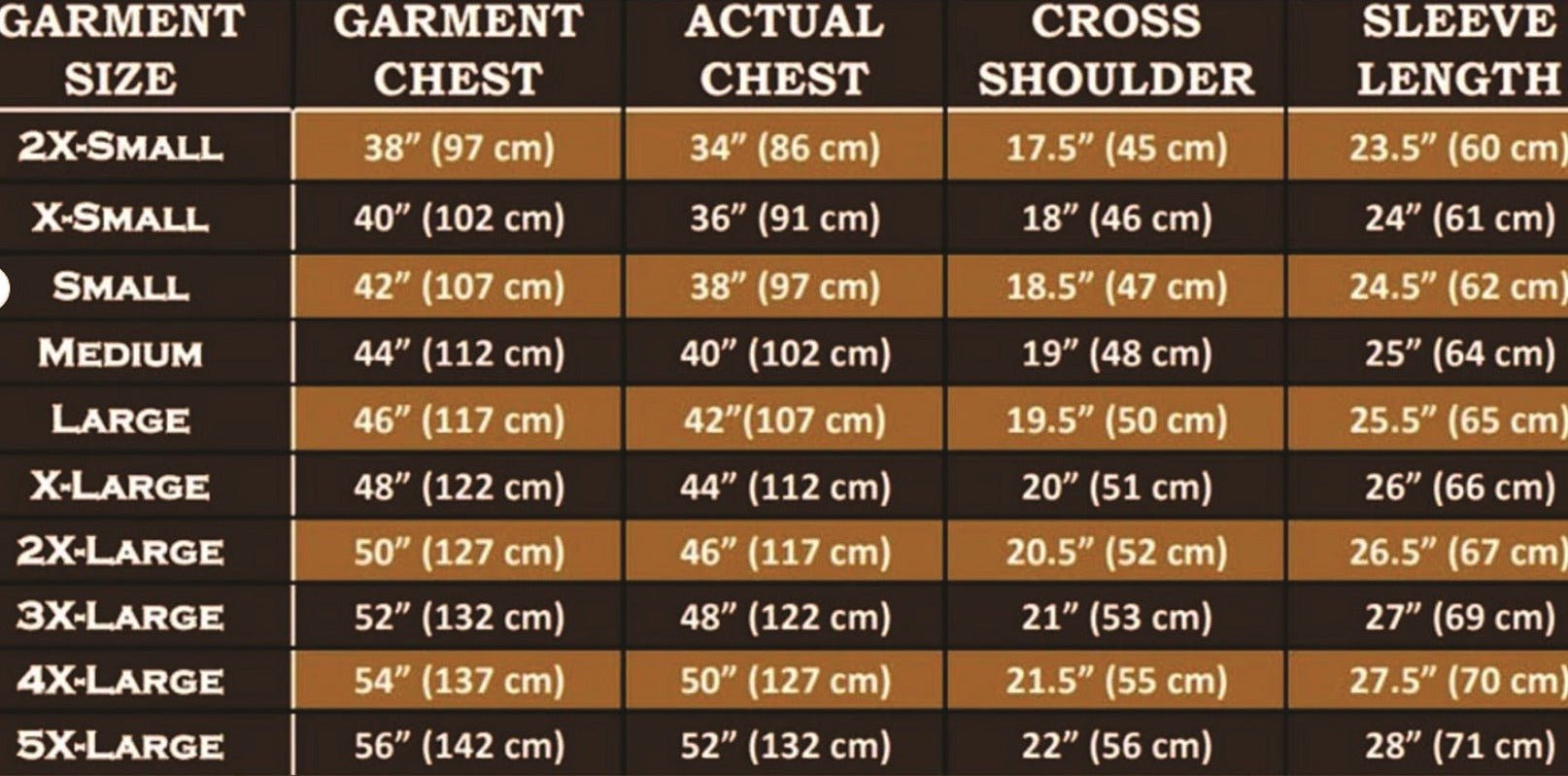 Strait jacket size chart with garment chest, actual chest, cross shoulder, and sleeve length measurements for various sizes.