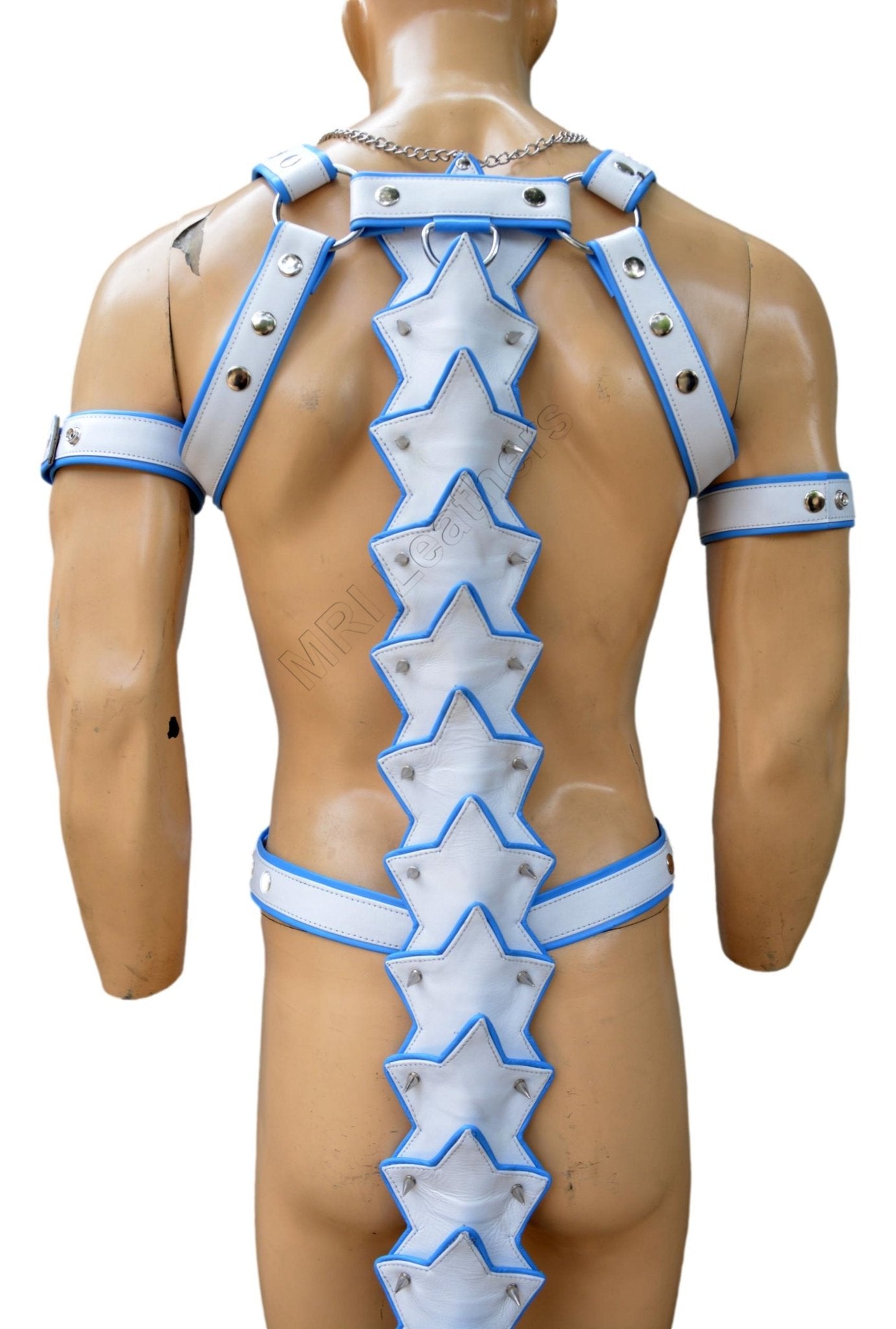 White & Blue Leather Harness with Spine Tail Design Adjustable Body Harness - MRI Leathers