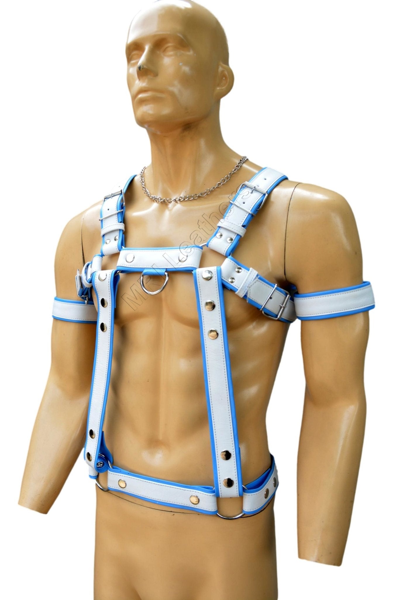 White & Blue Leather Harness with Spine Tail Design Adjustable Body Harness - MRI Leathers