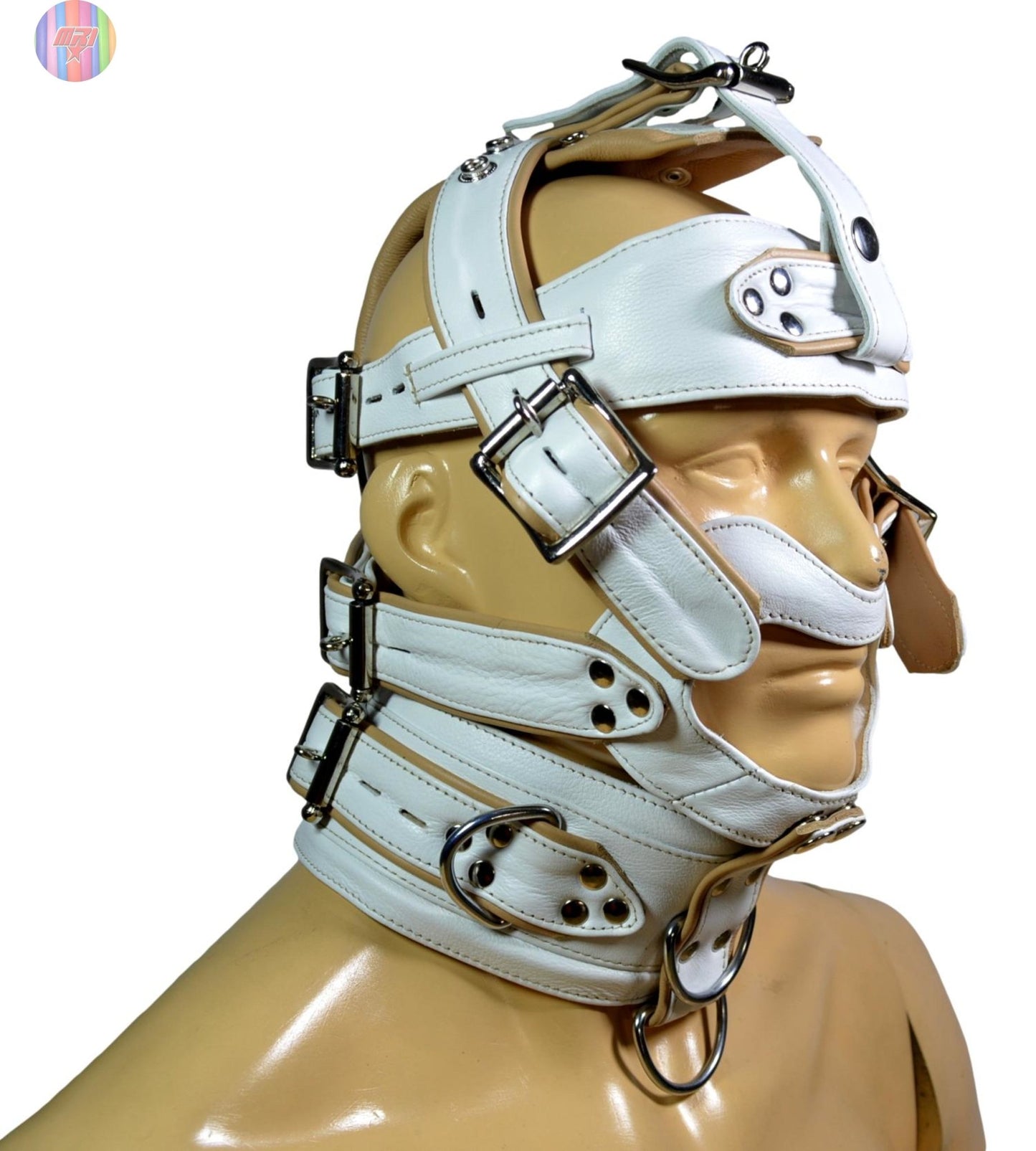 White Leather Head Harness Muzzle with Locking Buckles and D - Rings – Adjustable BDSM Bondage Hood - MRI Leathers