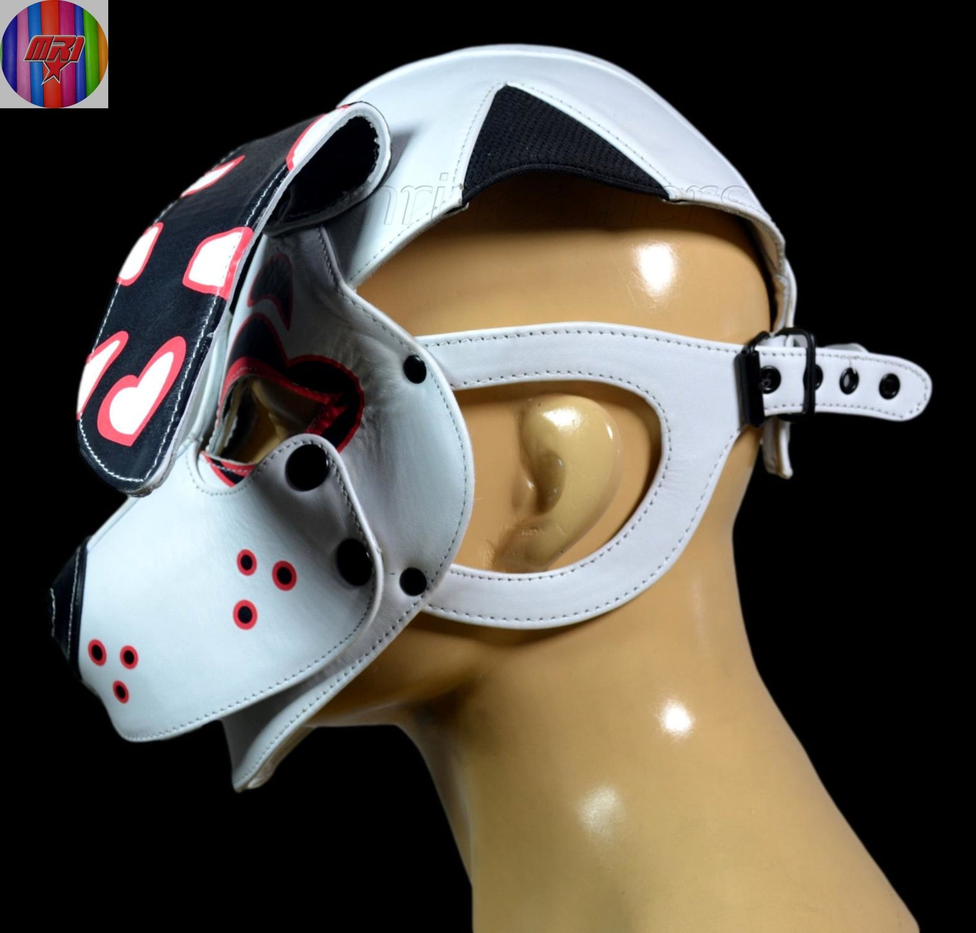 White,Black & Pink Heart Puppy Hood – Handmade Leather Dog Mask for Cute Pet Play - MRI Leathers