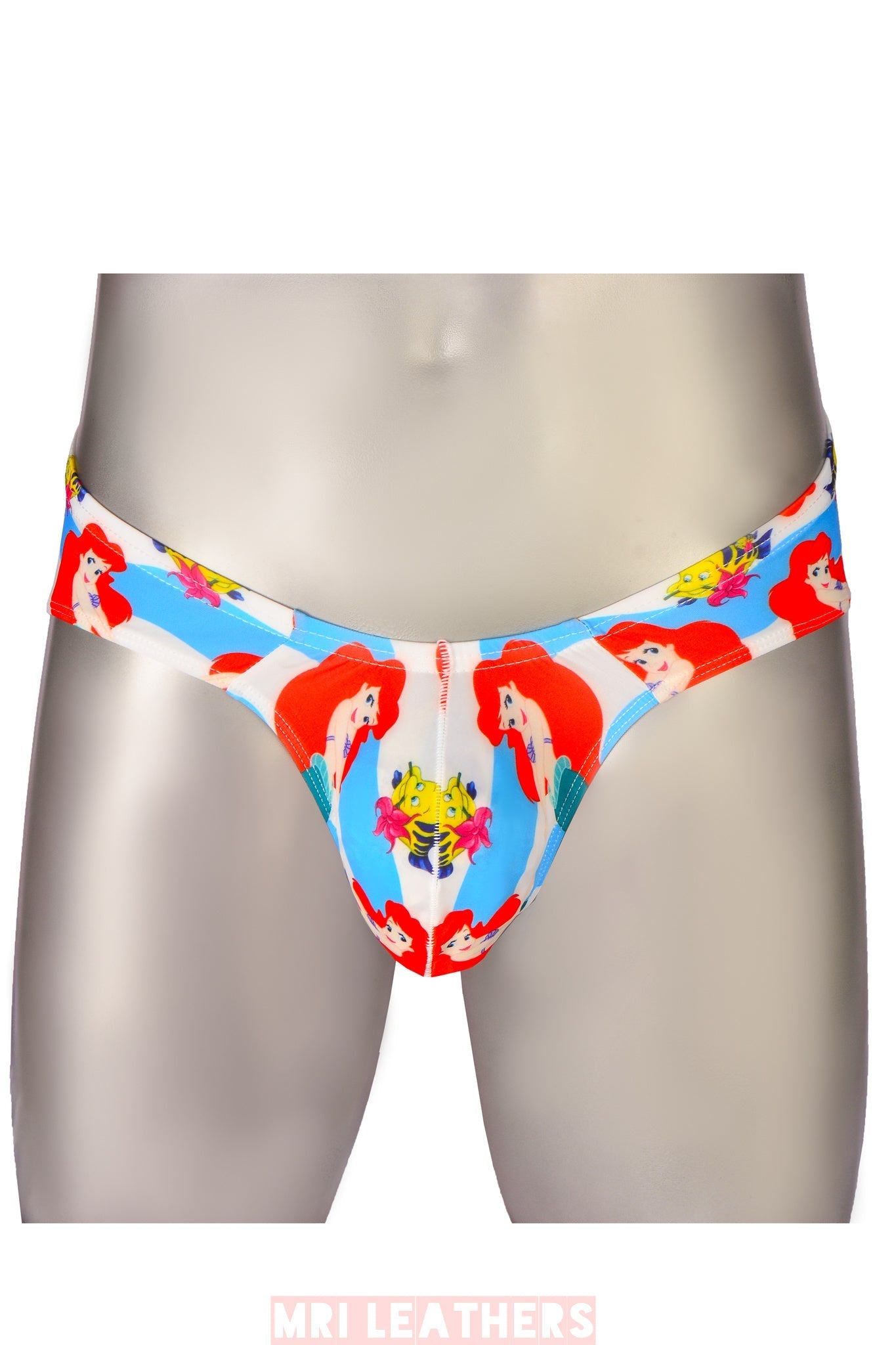 Cartoon printed briefs with lip print on mannequin, low waist men's underwear with bulge pouch.