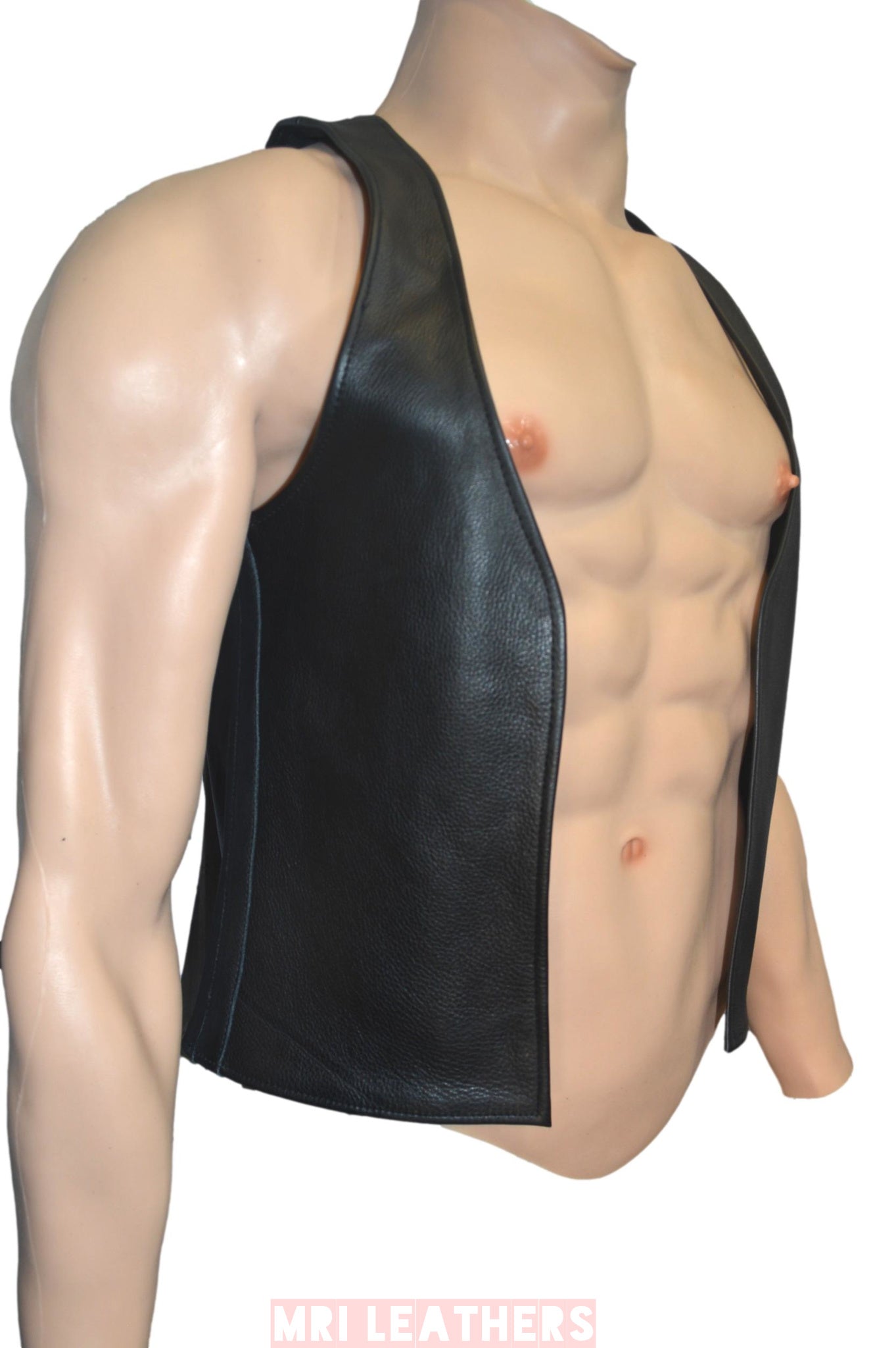 Men's open front handmade leather vest, black, high cut design, supple cow leather.
