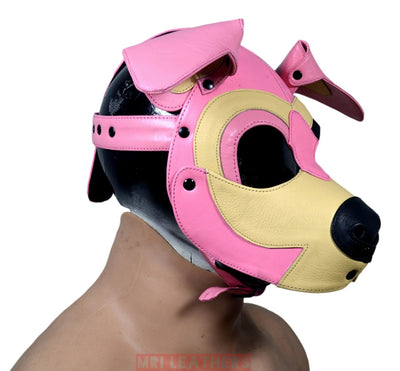 Leather Dog Mask Hood Pet Play Puppy Mask Human Pink White - MRI Leathers