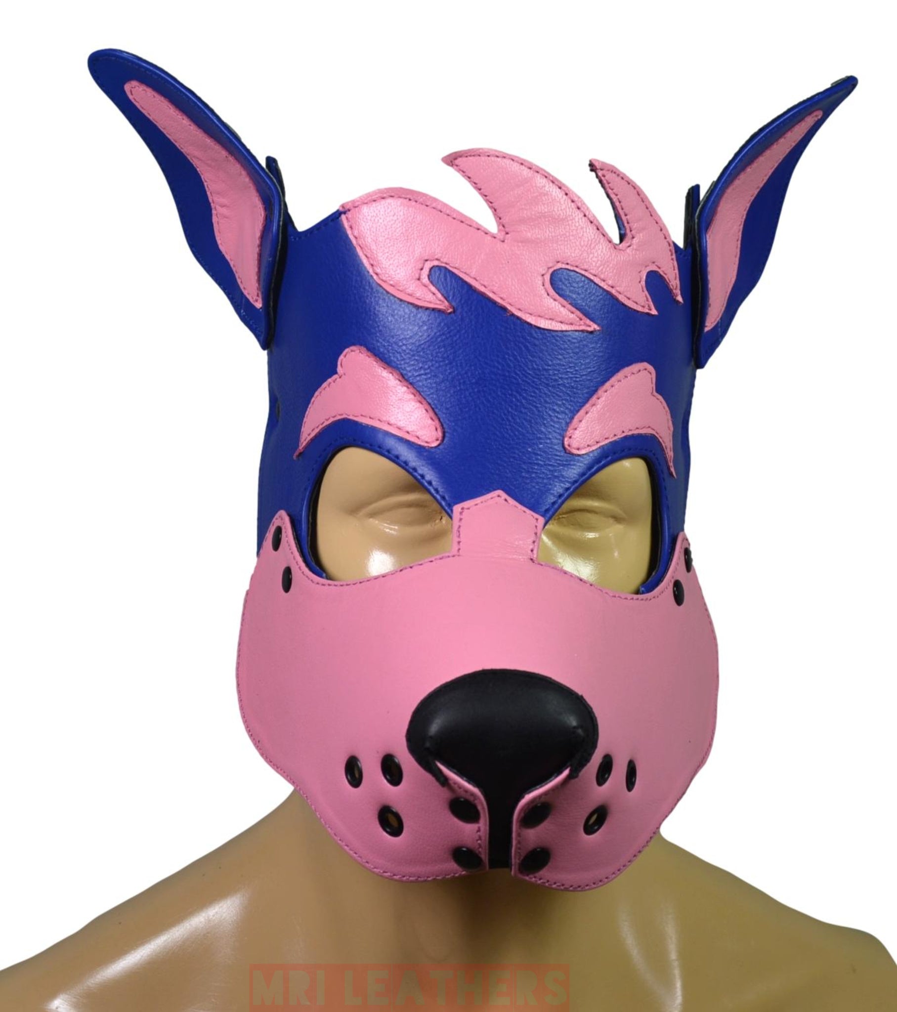 Leather Dog Mask Leather Dog Mask Dog Hood Pet Play Hood Puppy Mask Blue Pink - MRI Leathers