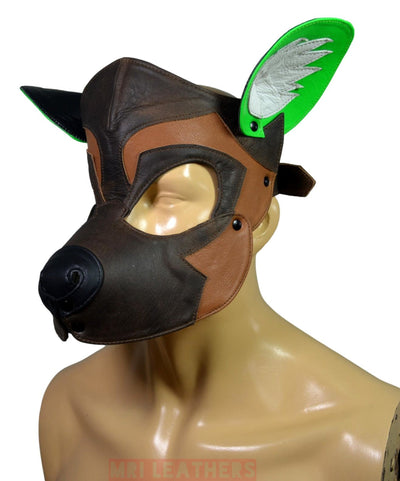 Leather Dog Mask Leather Dog Mask Dog Hood Pet Play Hood Puppy Mask Brown White - MRI Leathers