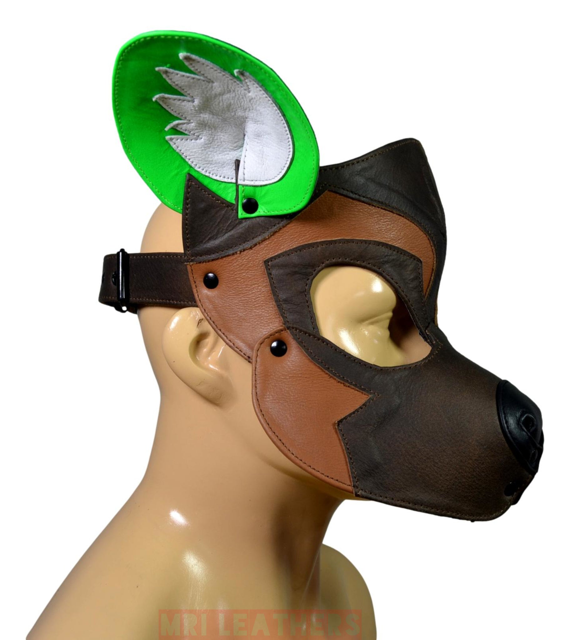 Brown and white leather dog mask with adjustable buckle and pointed ears.