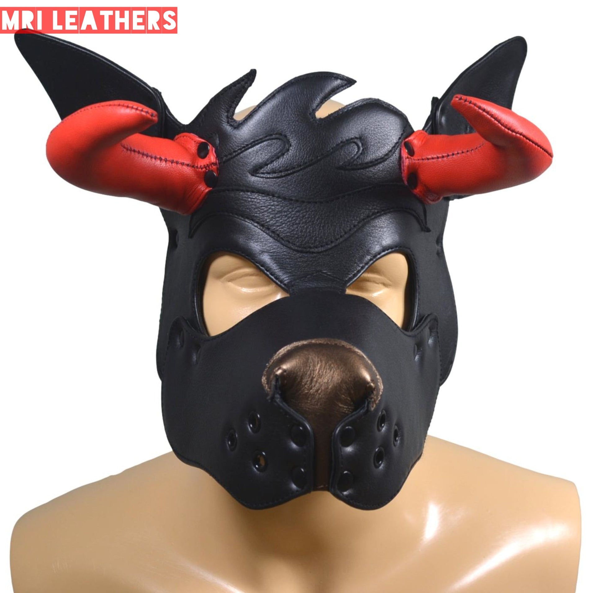 Leather Dog Mask Leather Dog Mask Dog Hood Pet Play Hood Puppy Mask Horns Red - MRI Leathers