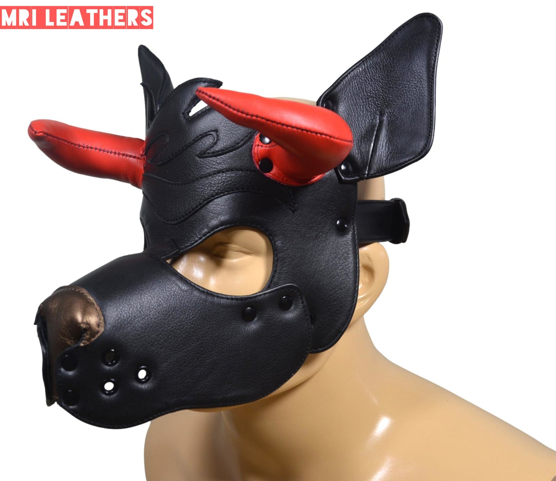 Leather Dog Mask Leather Dog Mask Dog Hood Pet Play Hood Puppy Mask Horns Red - MRI Leathers