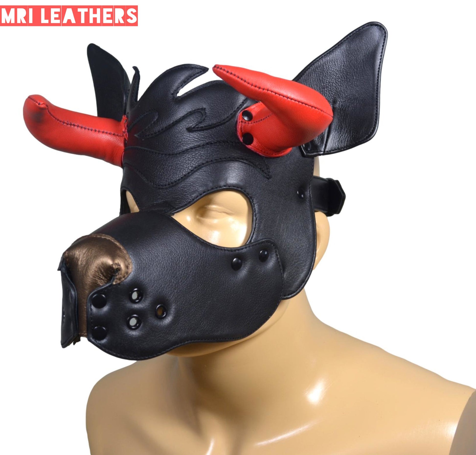 Leather Dog Mask Leather Dog Mask Dog Hood Pet Play Hood Puppy Mask Horns Red - MRI Leathers