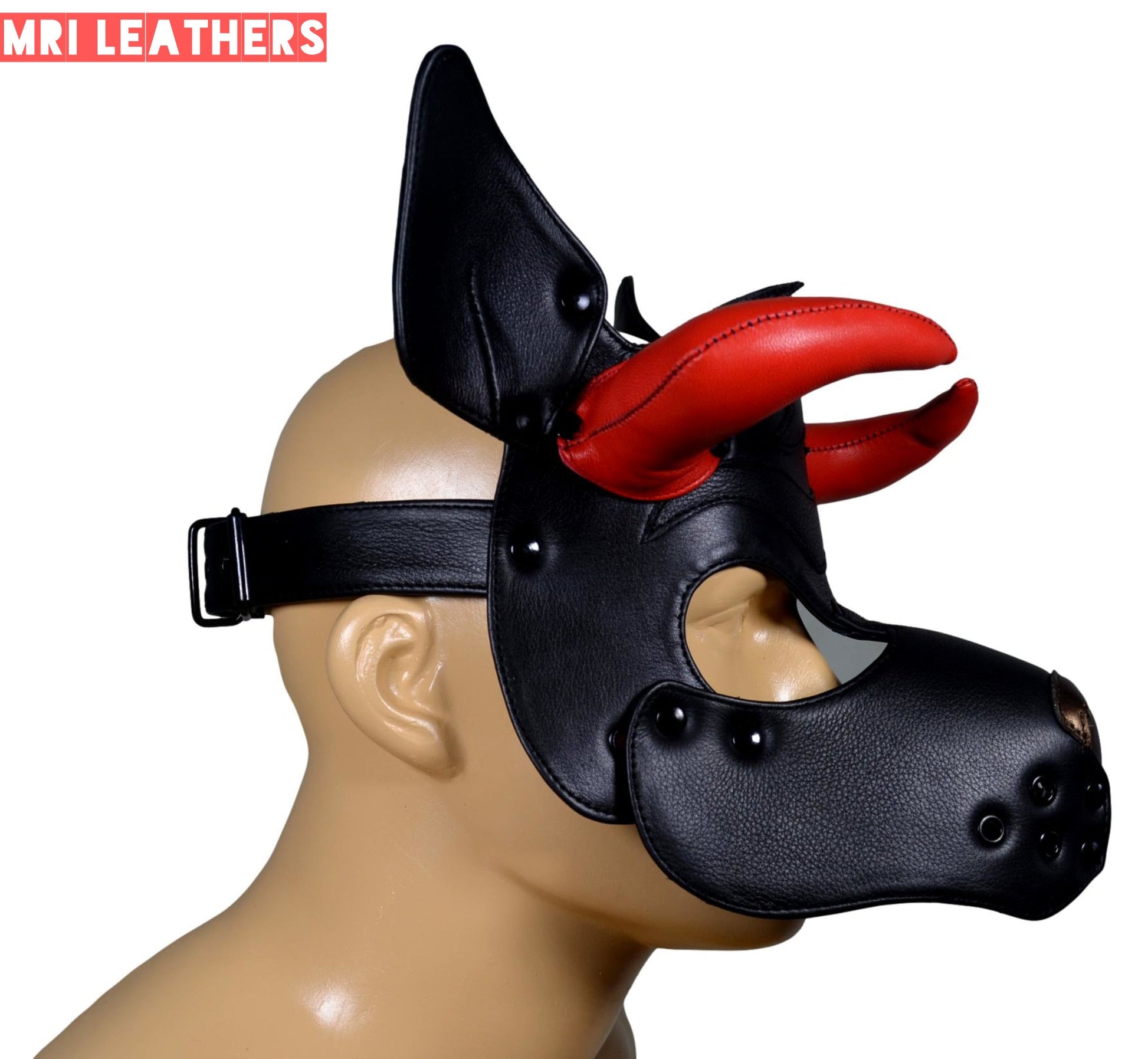 Leather Dog Mask Leather Dog Mask Dog Hood Pet Play Hood Puppy Mask Horns Red - MRI Leathers