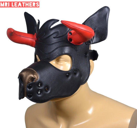 Leather Dog Mask Leather Dog Mask Dog Hood Pet Play Hood Puppy Mask Horns Red - MRI Leathers