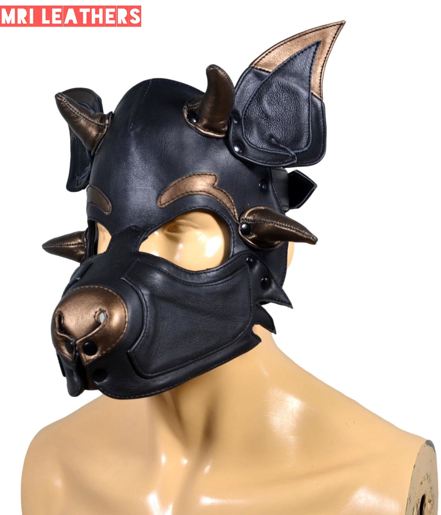Leather Dog Mask Leather Pup Mask Dog Hood Pet Play Hood with horns - MRI Leathers