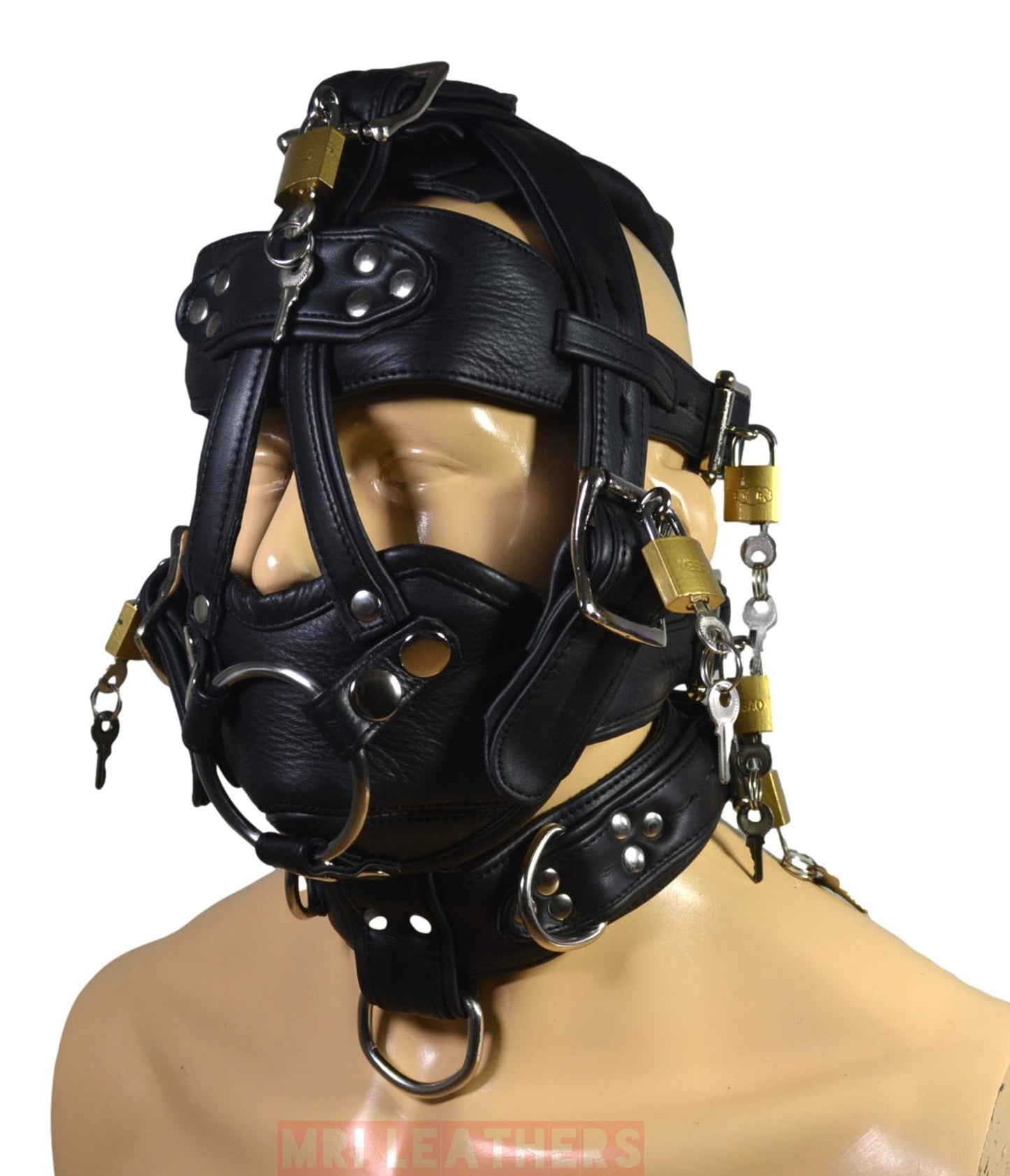 Leather gear face hood with locking buckles and D-rings for bondage use.