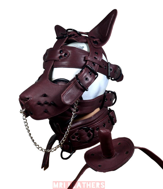 Leather Gear Face Hood Fetish Bondage Muzzle Gag dildo rings locking buckles - MRI Leathers