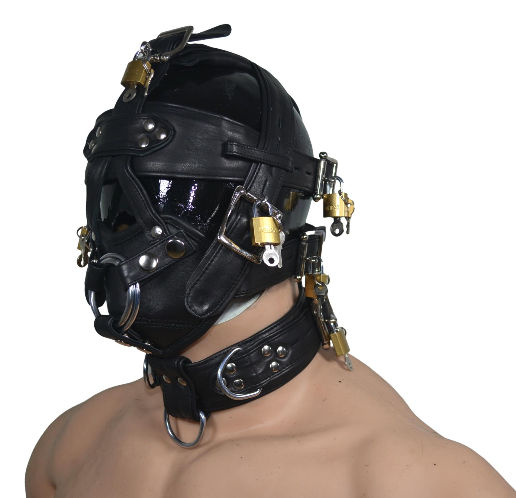 Leather Gear Face Hood Fetish Bondage Muzzle Gag dildo rings locking buckles - MRI Leathers