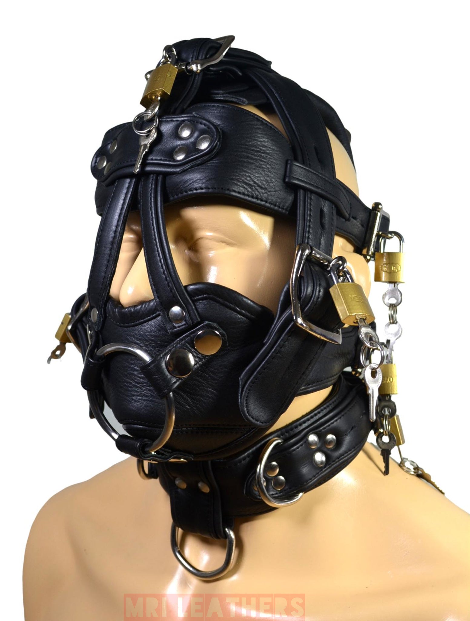 Leather gear face hood with locking buckles, reinforced rivets, and D-rings for bondage.
