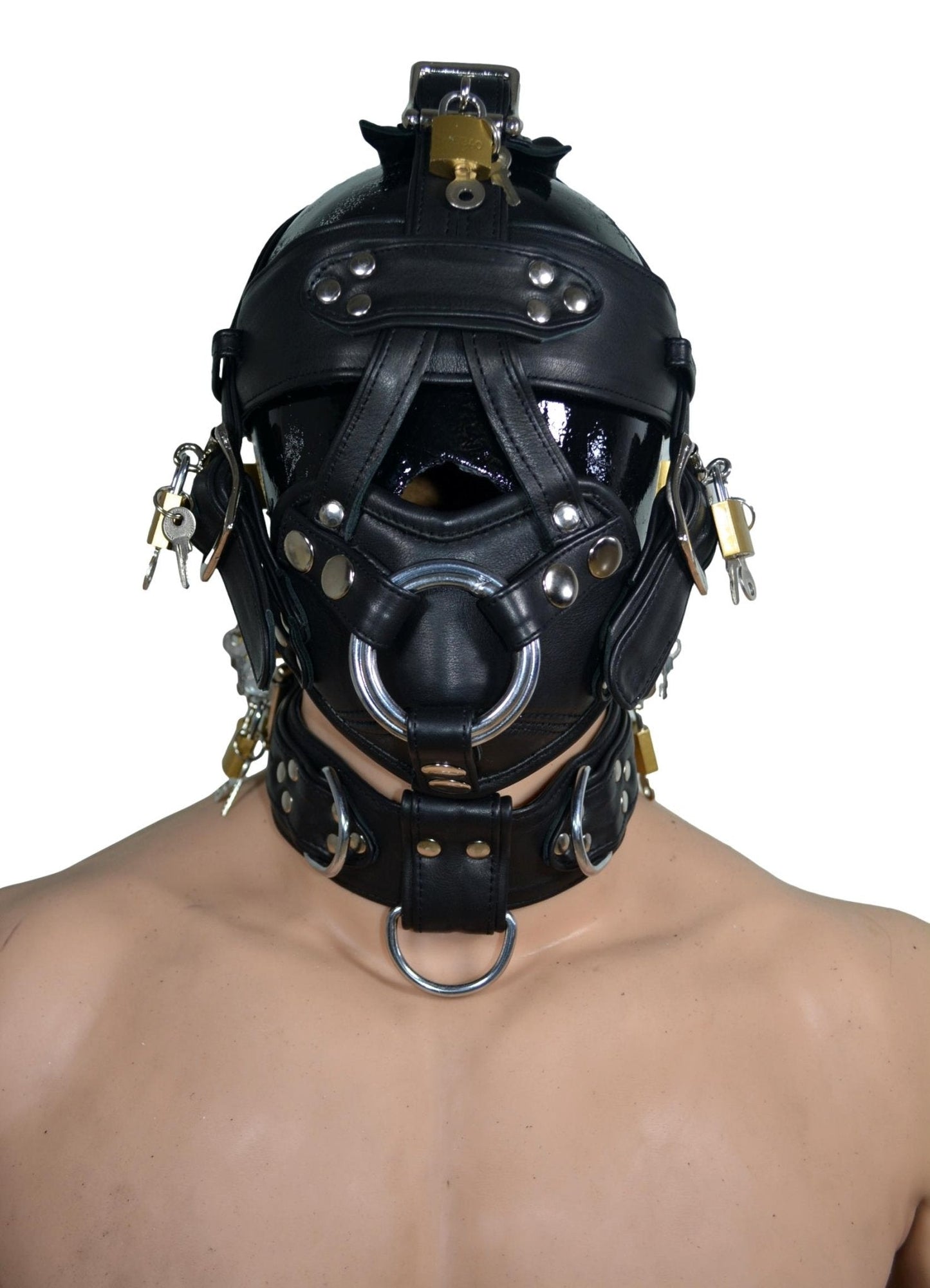 Leather Gear Face Hood Fetish Bondage Muzzle Gag dildo rings locking buckles - MRI Leathers