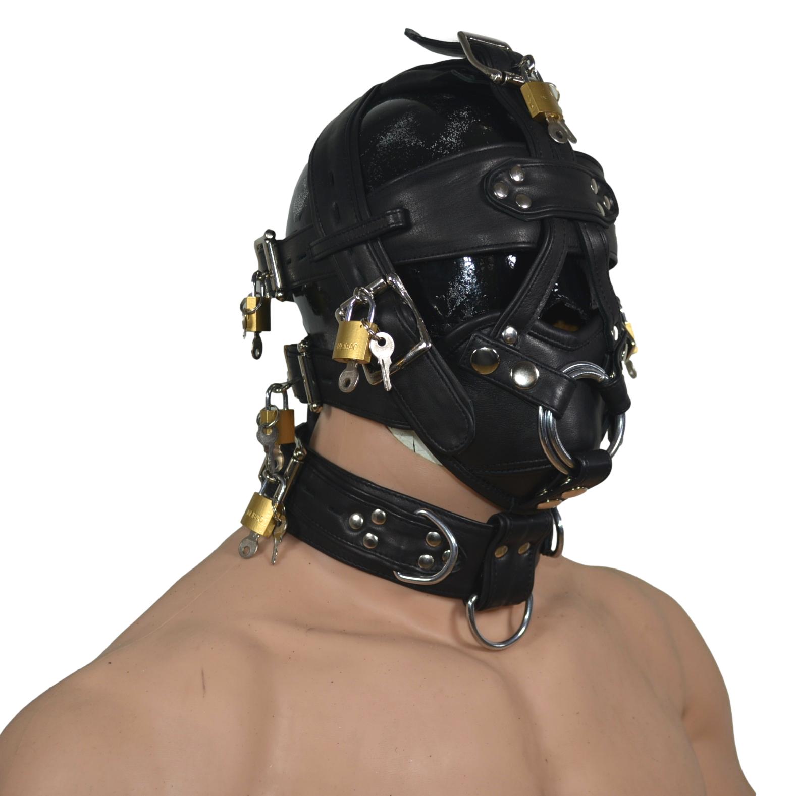 Leather Gear Face Hood Fetish Bondage Muzzle Gag dildo rings locking buckles - MRI Leathers