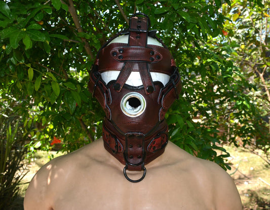 Leather Gear Face Hood Fetish Slave Extreme Bondage Muzzle Gag with D-rings - MRI Leathers