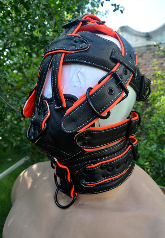Leather Gear Face Hood Fetish Slave Extreme Bondage Muzzle Gag with D-rings - MRI Leathers