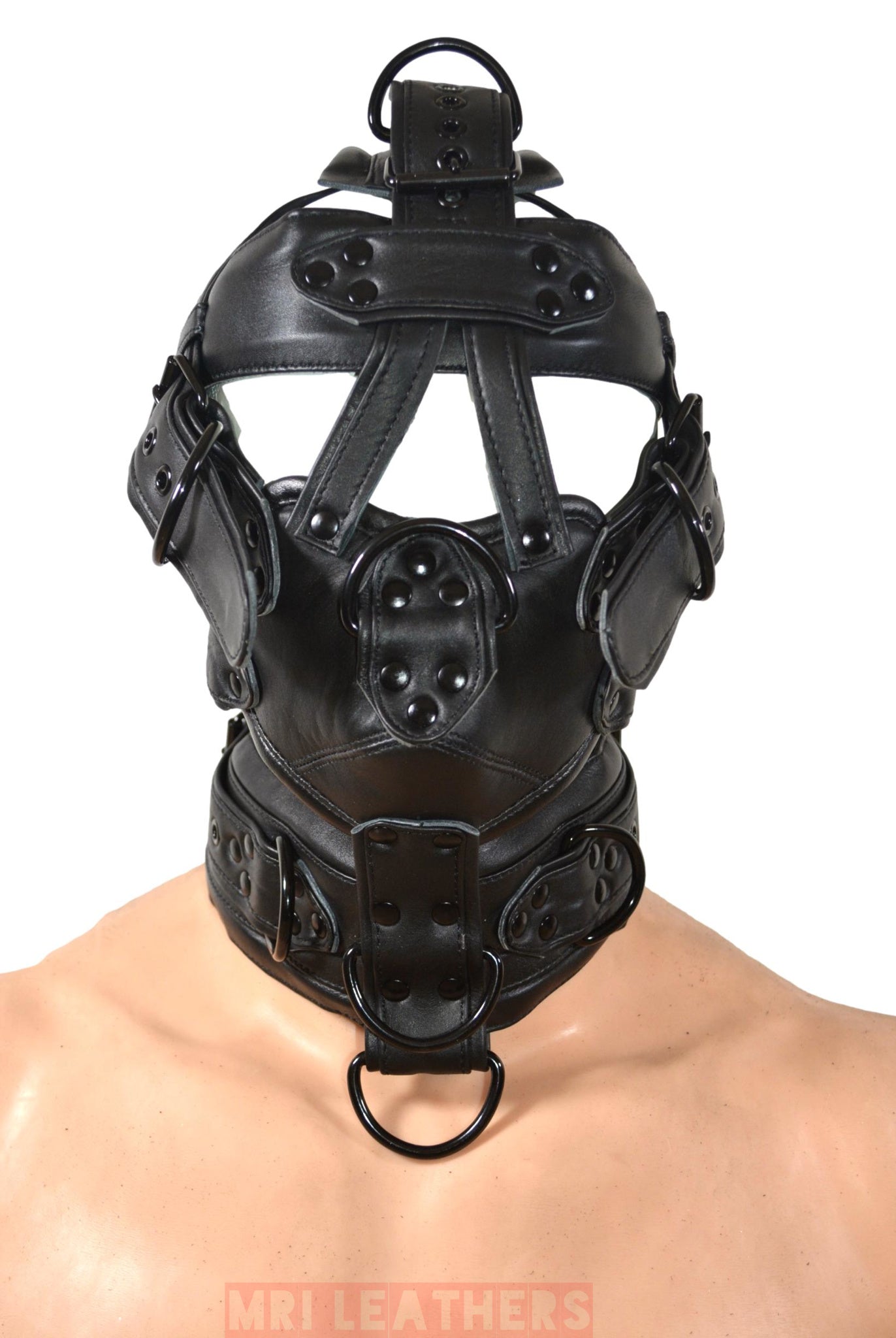 Leather Gear Face hood fetish Slave extreme Bondage Muzzle Gag with D rings Muzzle Face Restraints Head Harness - MRI Leathers