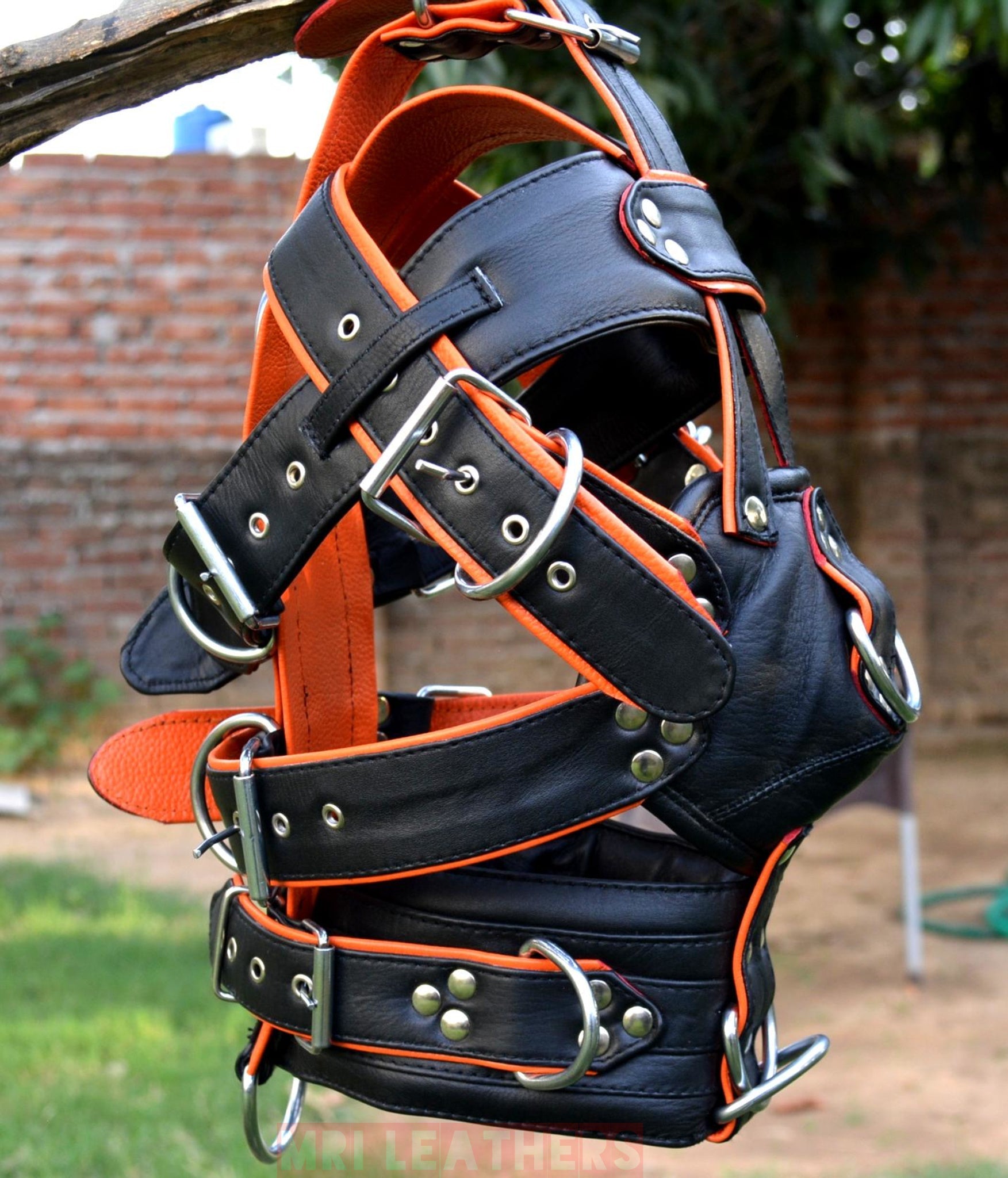 Leather Gear Face hood fetish Slave extreme Bondage Muzzle Gag with D rings Muzzle Face Restraints Head Harness - MRI Leathers