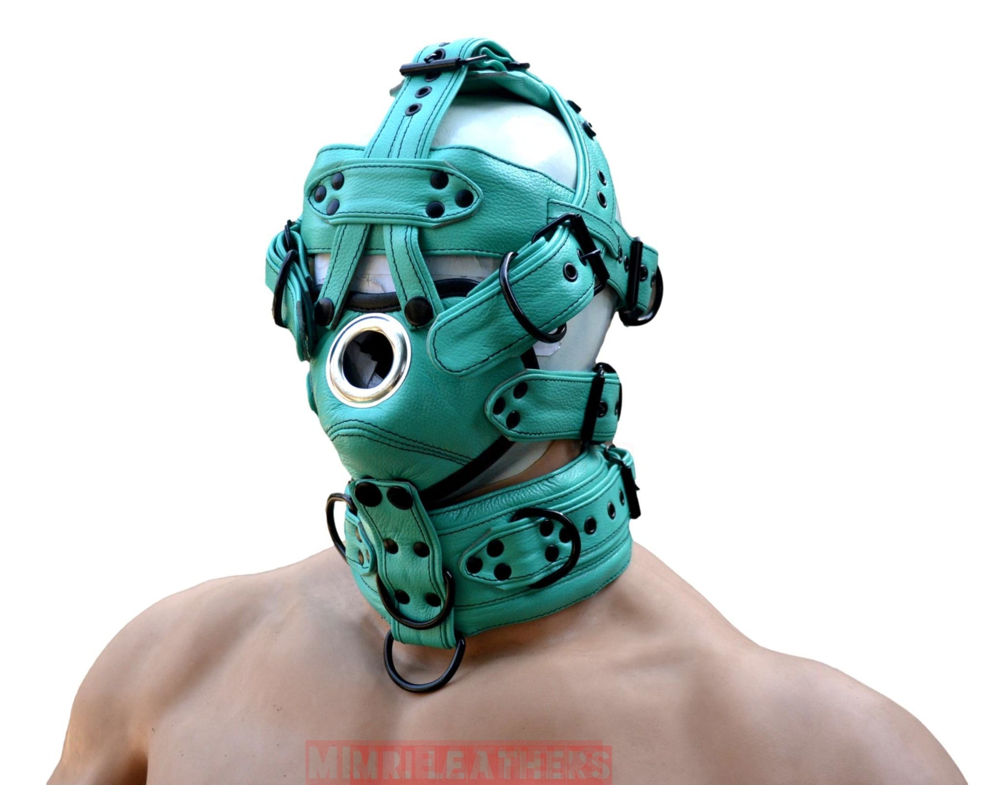 Leather Gear Face hood fetish Slave extreme Bondage Muzzle Gag with D rings Muzzle Face Restraints Head Harness - MRI Leathers