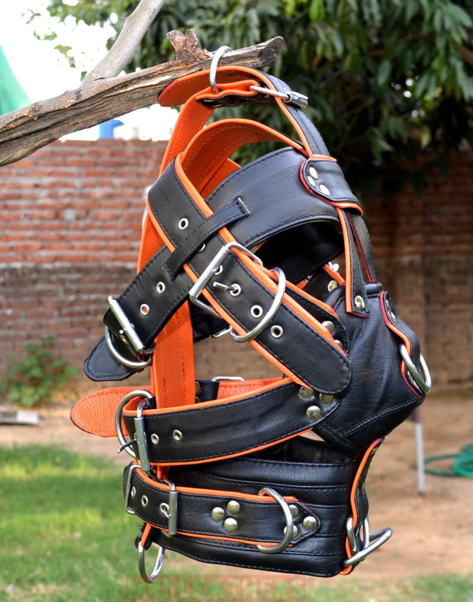 Leather Gear Face hood fetish Slave extreme Bondage Muzzle Gag with D rings Muzzle Face Restraints Head Harness - MRI Leathers