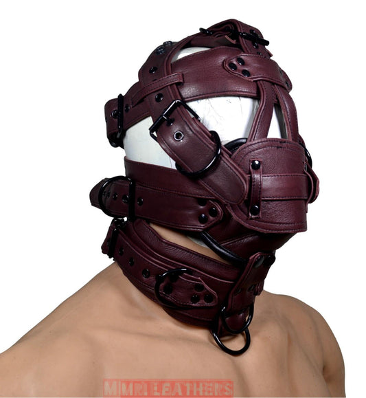 Leather Gear Face hood fetish Slave extreme Bondage Muzzle Gag with D rings Muzzle Face Restraints Head Harness - MRI Leathers