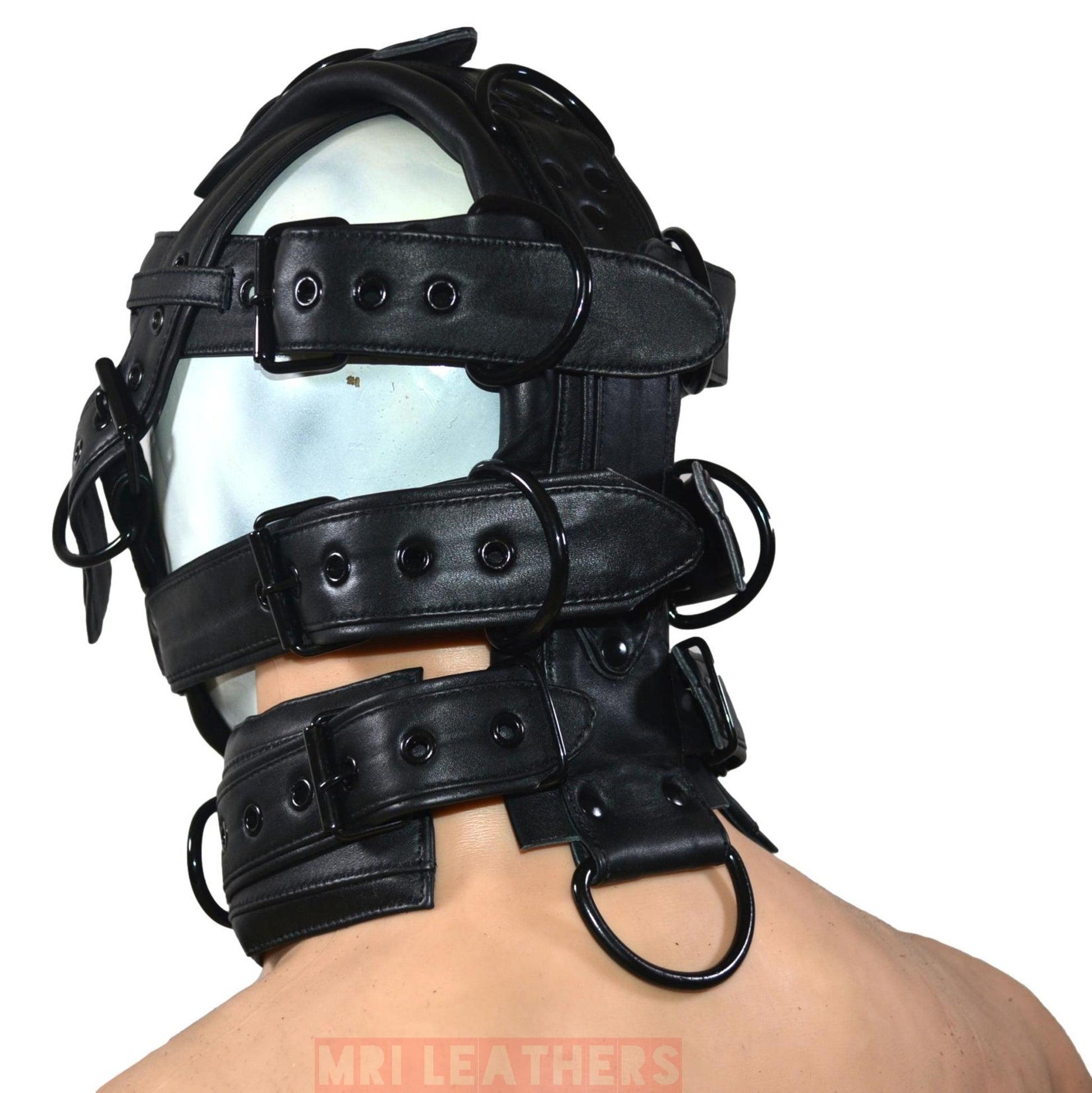 Leather Gear Face hood fetish Slave extreme Bondage Muzzle Gag with D rings Muzzle Face Restraints Head Harness - MRI Leathers
