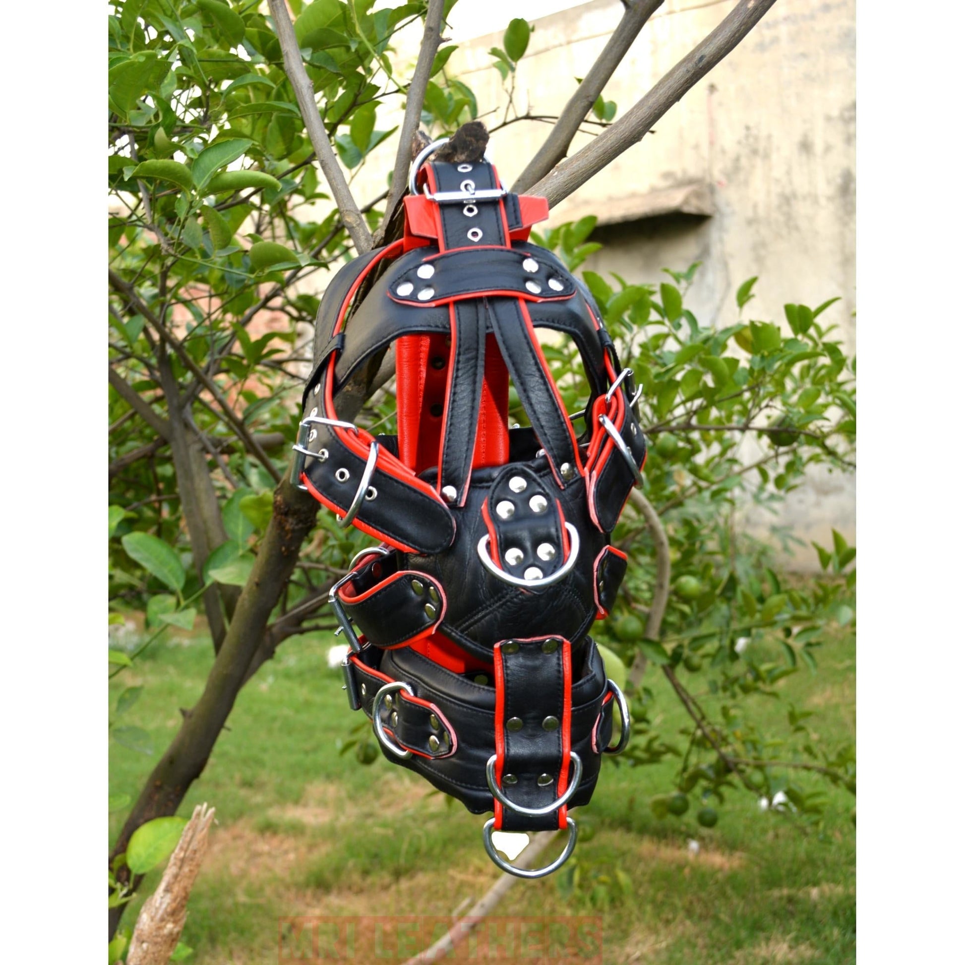 Black leather BDSM gear face hood with red accents and D-rings, hanging outdoors.