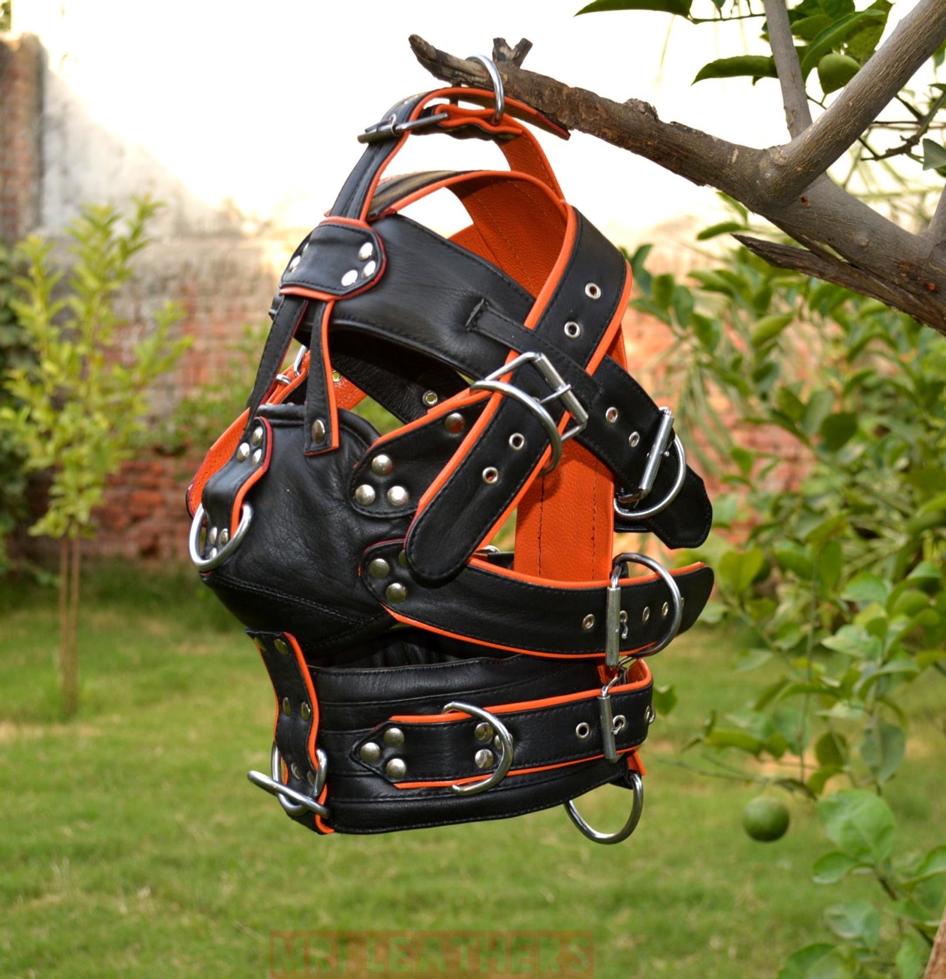 Leather Gear Face hood fetish Slave extreme Bondage Muzzle Gag with D rings Muzzle Face Restraints Head Harness - MRI Leathers
