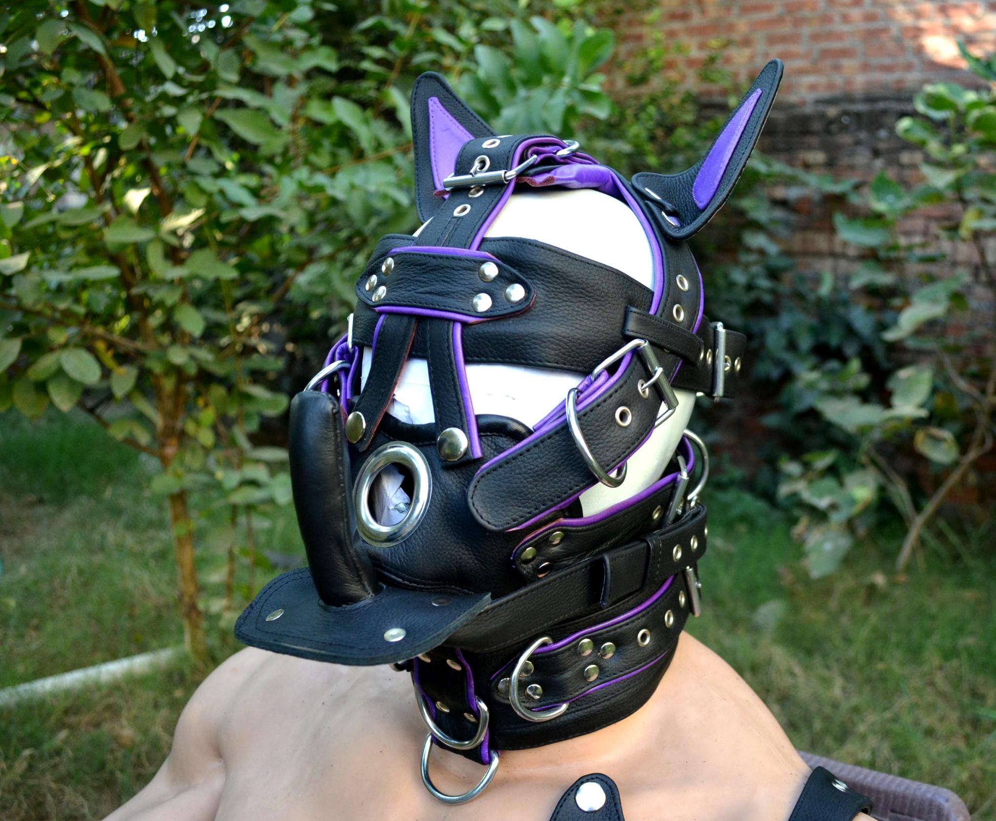 Leather mask, leather dog mask, dog hood, pet play hood, puppy mask head harness muzzle - MRI Leathers