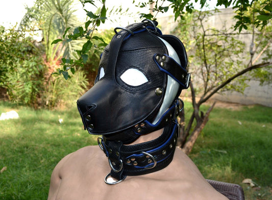 Leather mask, leather dog mask, dog hood, pet play hood, puppy mask head harness muzzle - MRI Leathers