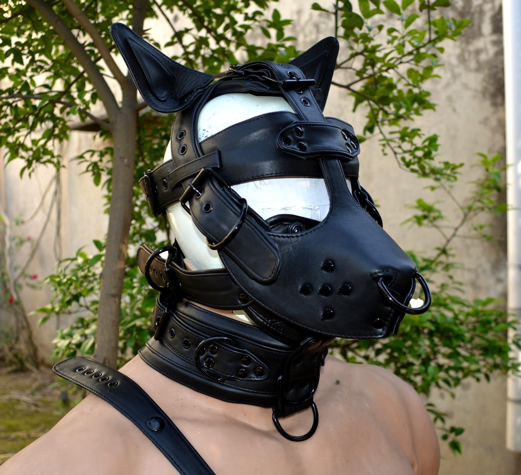 Leather mask, leather dog mask, dog hood, pet play hood, puppy mask head harness muzzle - MRI Leathers