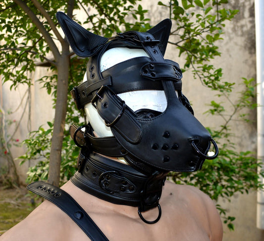 Leather mask, leather dog mask, dog hood, pet play hood, puppy mask head harness muzzle - MRI Leathers