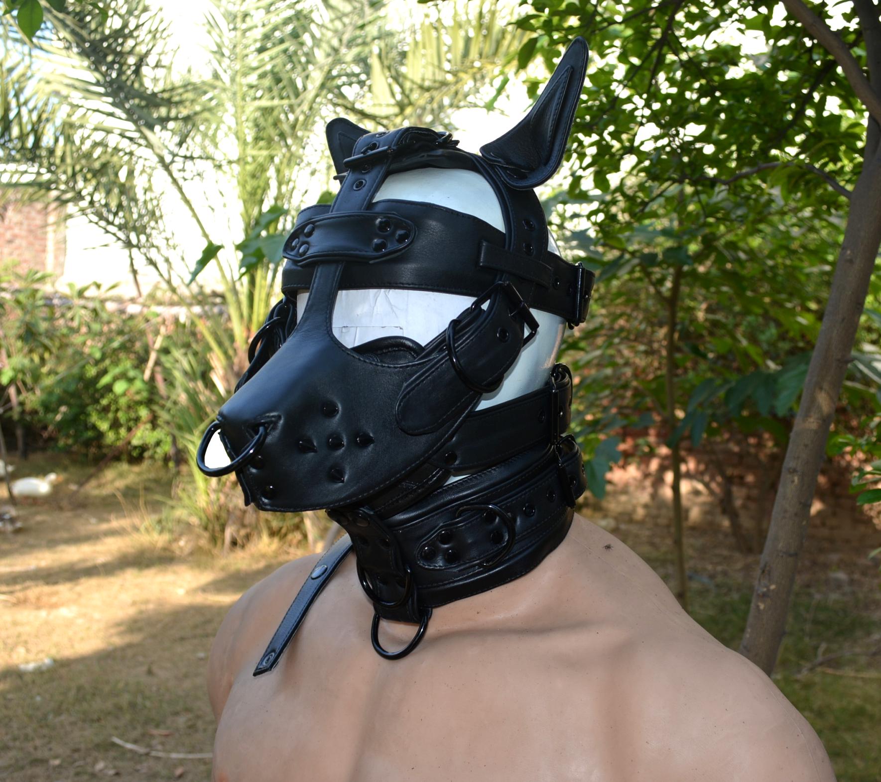 Leather mask, leather dog mask, dog hood, pet play hood, puppy mask head harness muzzle - MRI Leathers