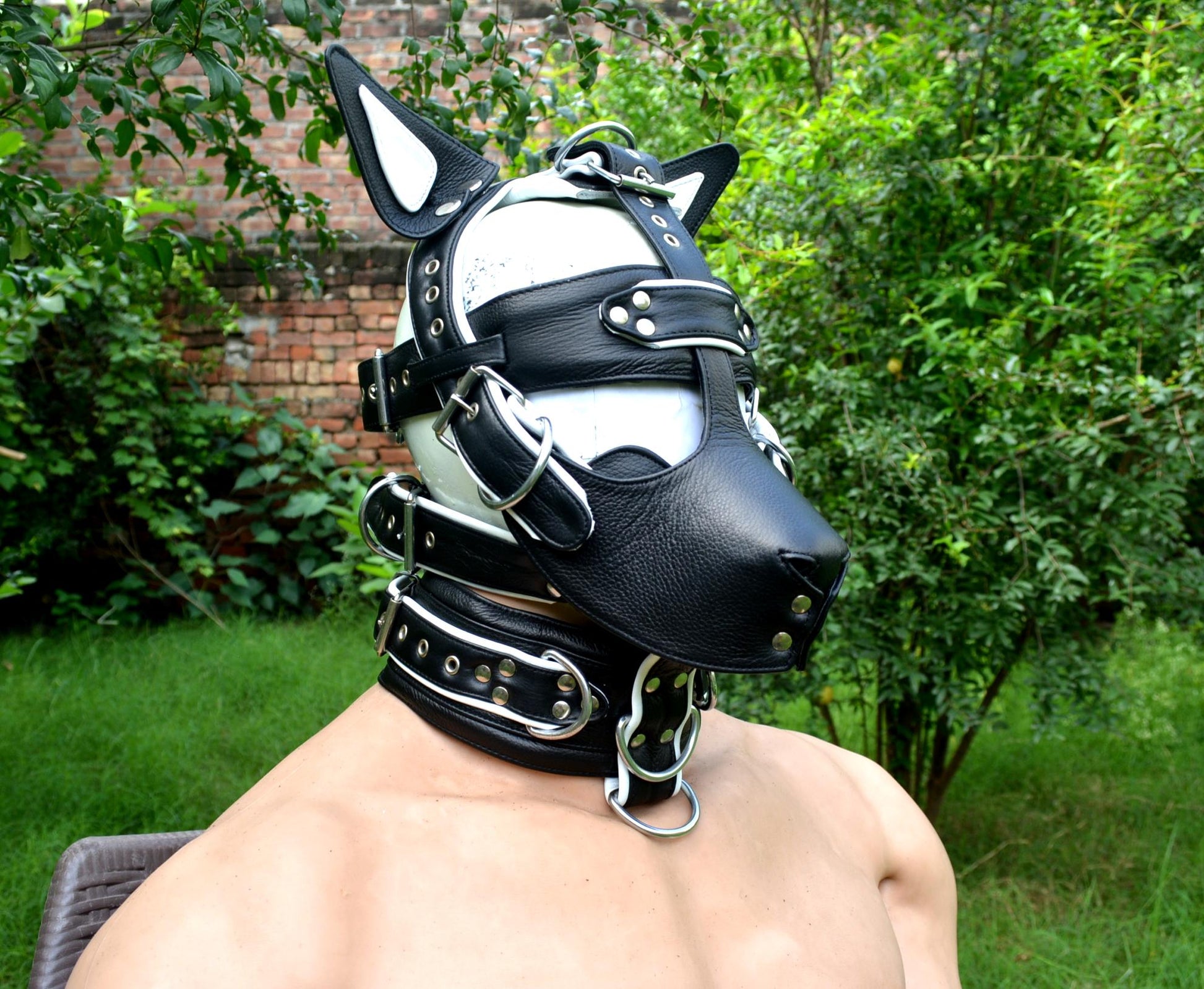Leather mask, leather dog mask, dog hood, pet play hood, puppy mask head harness muzzle - MRI Leathers