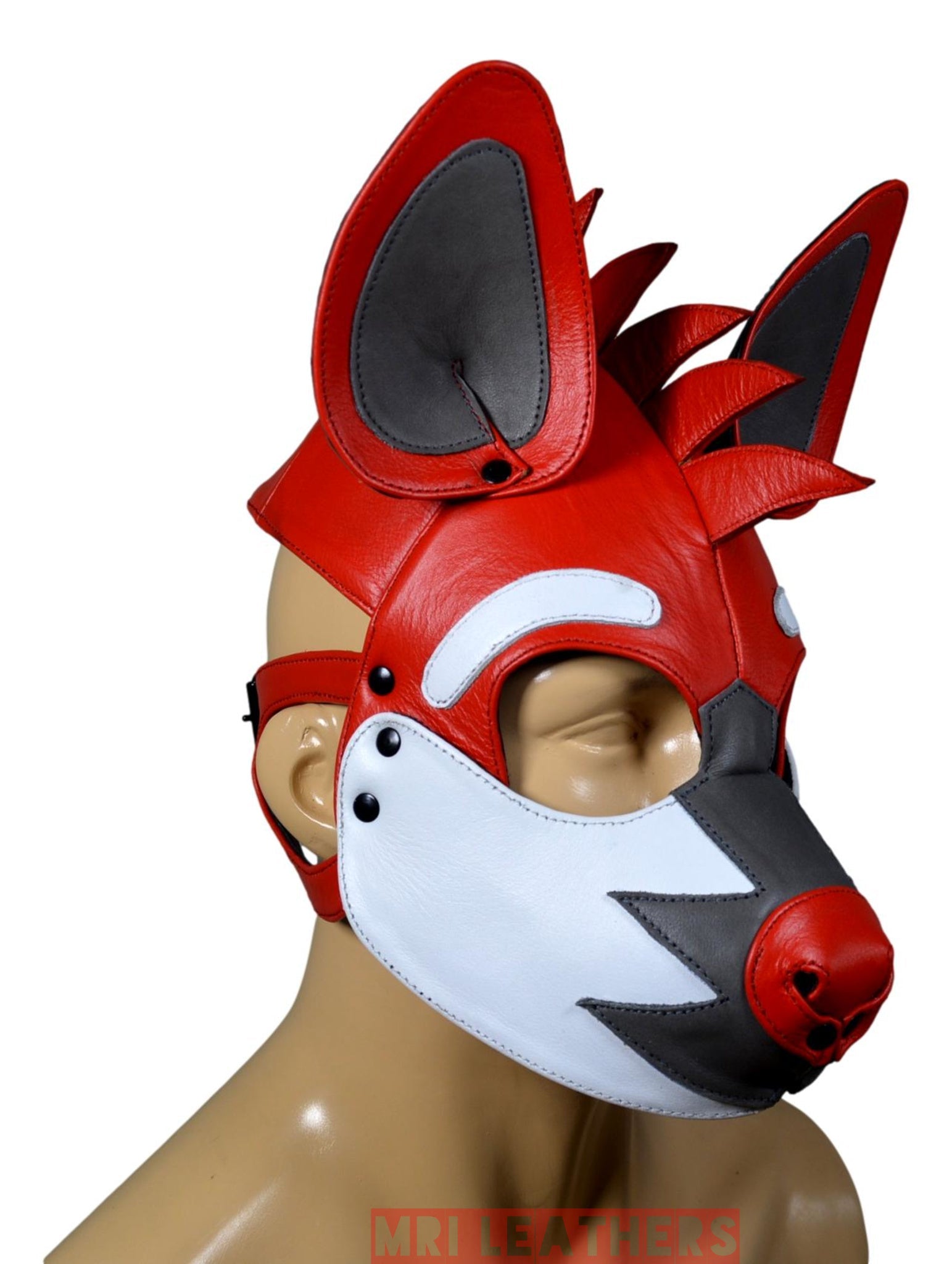 Leather Puppy Human Mask Hood Pet Play Puppy Mask Human White Flame Fair - MRI Leathers