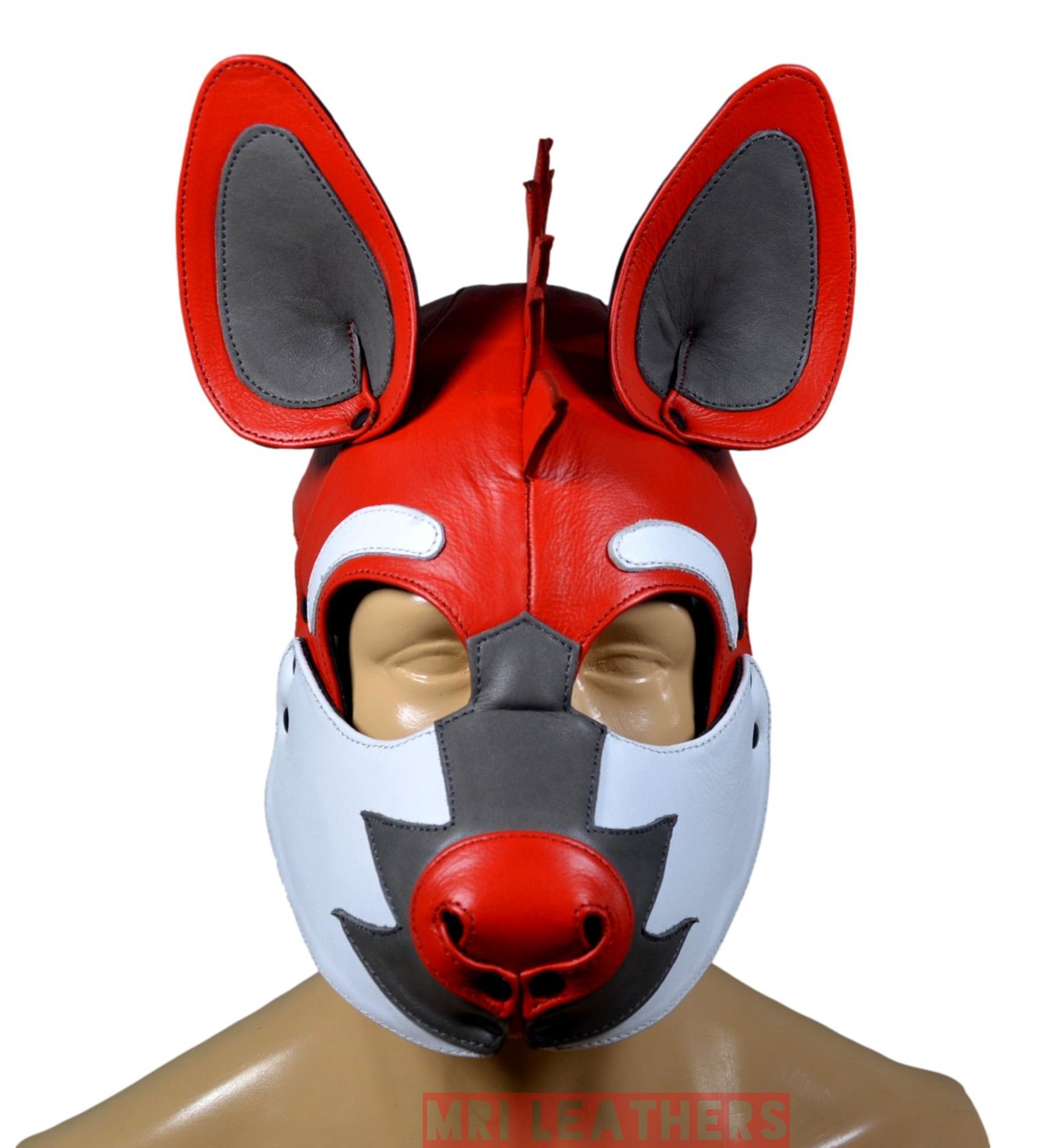 Leather Puppy Human Mask Hood Pet Play Puppy Mask Human White Flame Fair - MRI Leathers