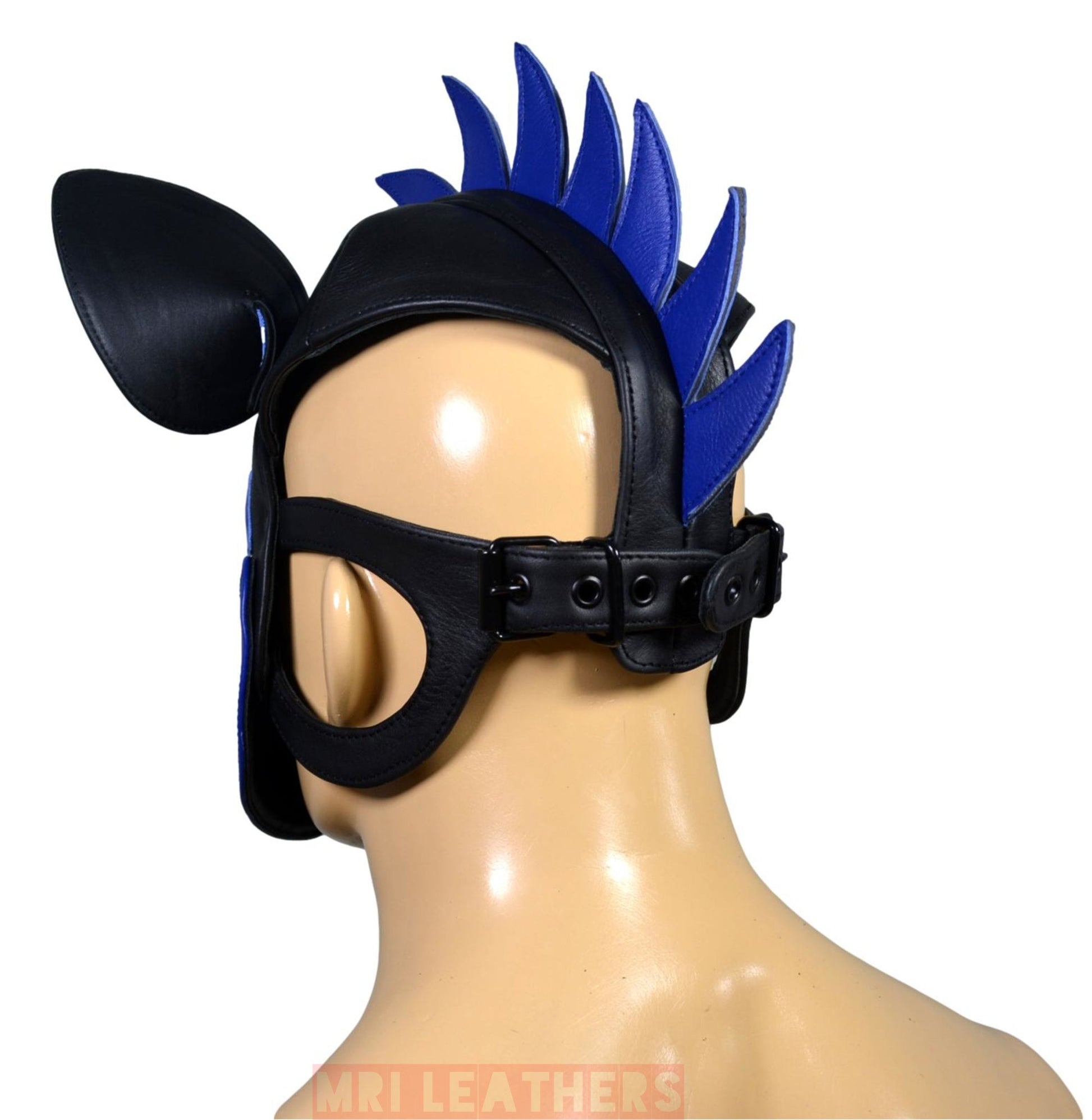 Leather Puppy Mask Hood Human puppy Flame on Head Blue - MRI Leathers