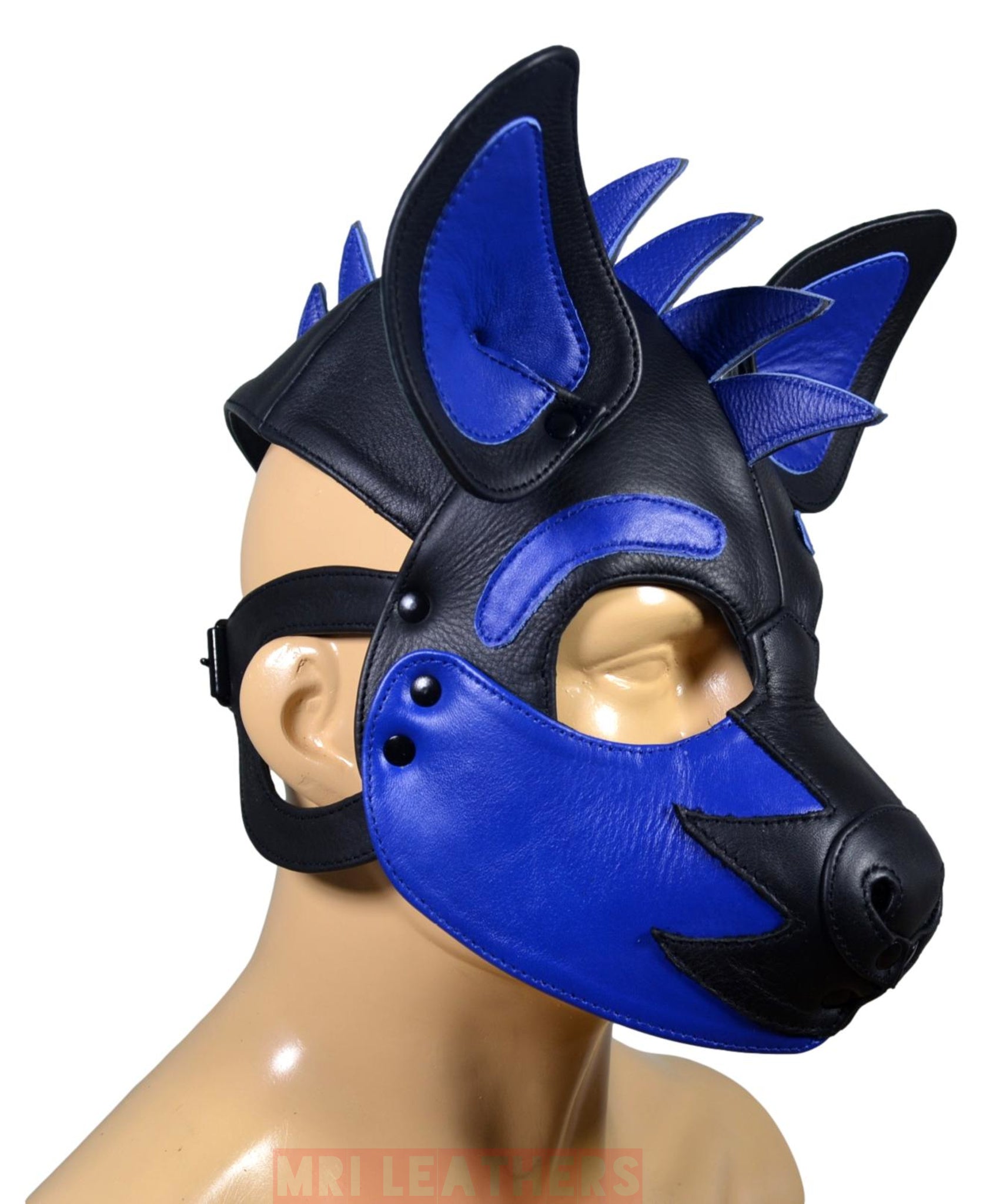 Leather Puppy Mask Hood Human puppy Flame on Head Blue - MRI Leathers