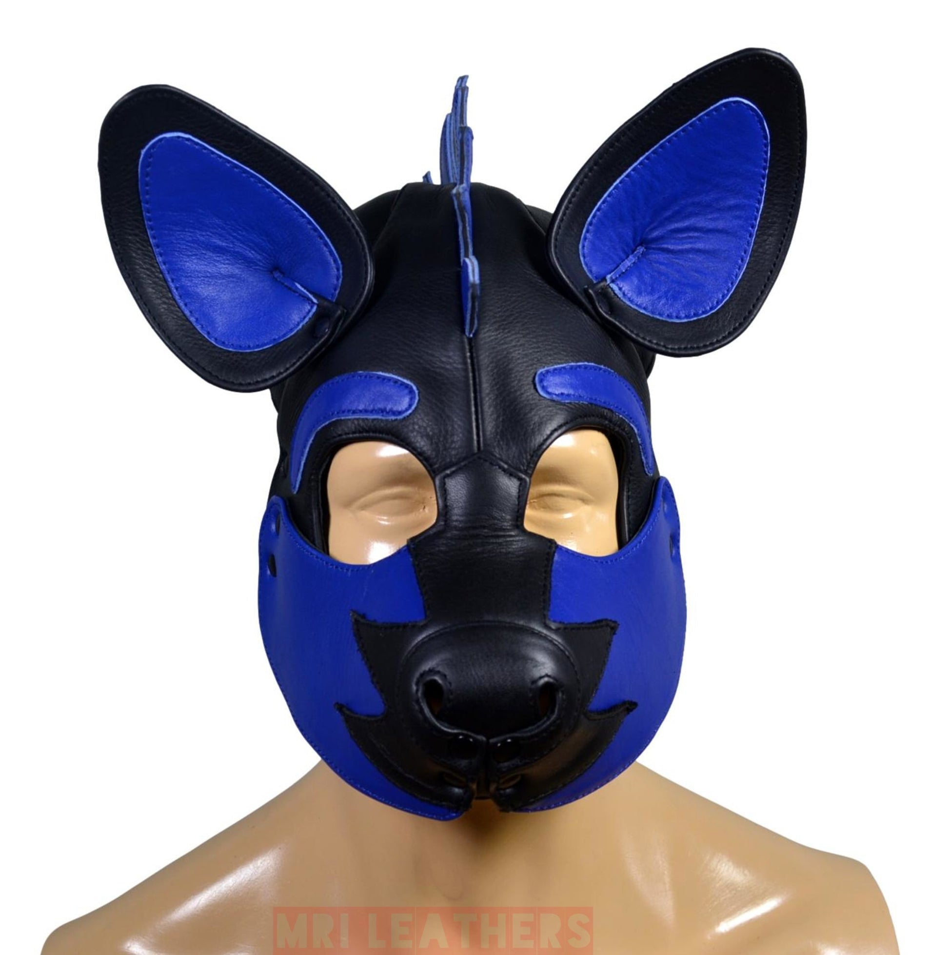 Leather Puppy Mask Hood Human puppy Flame on Head Blue - MRI Leathers