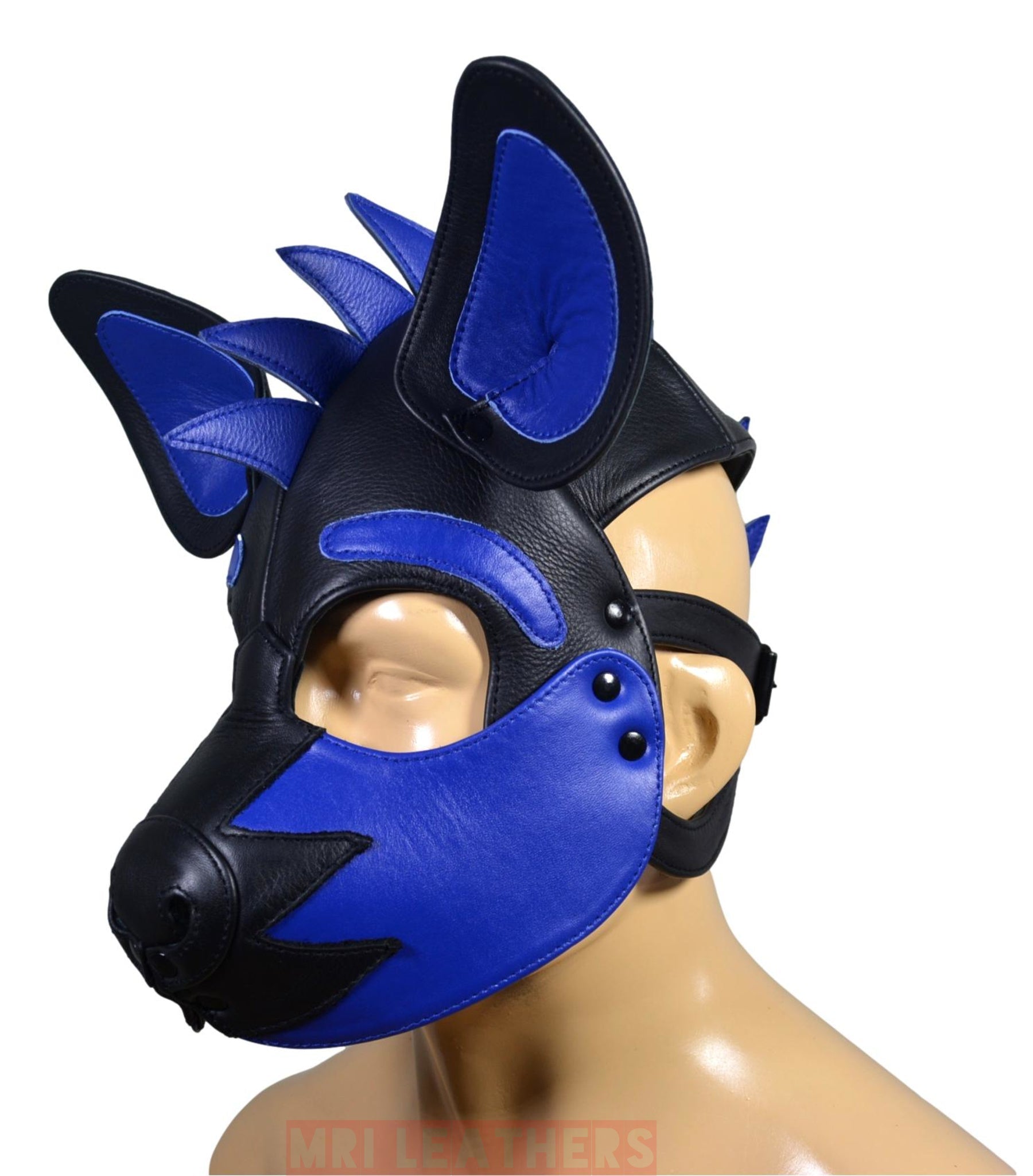 Leather Puppy Mask Hood Human puppy Flame on Head Blue - MRI Leathers