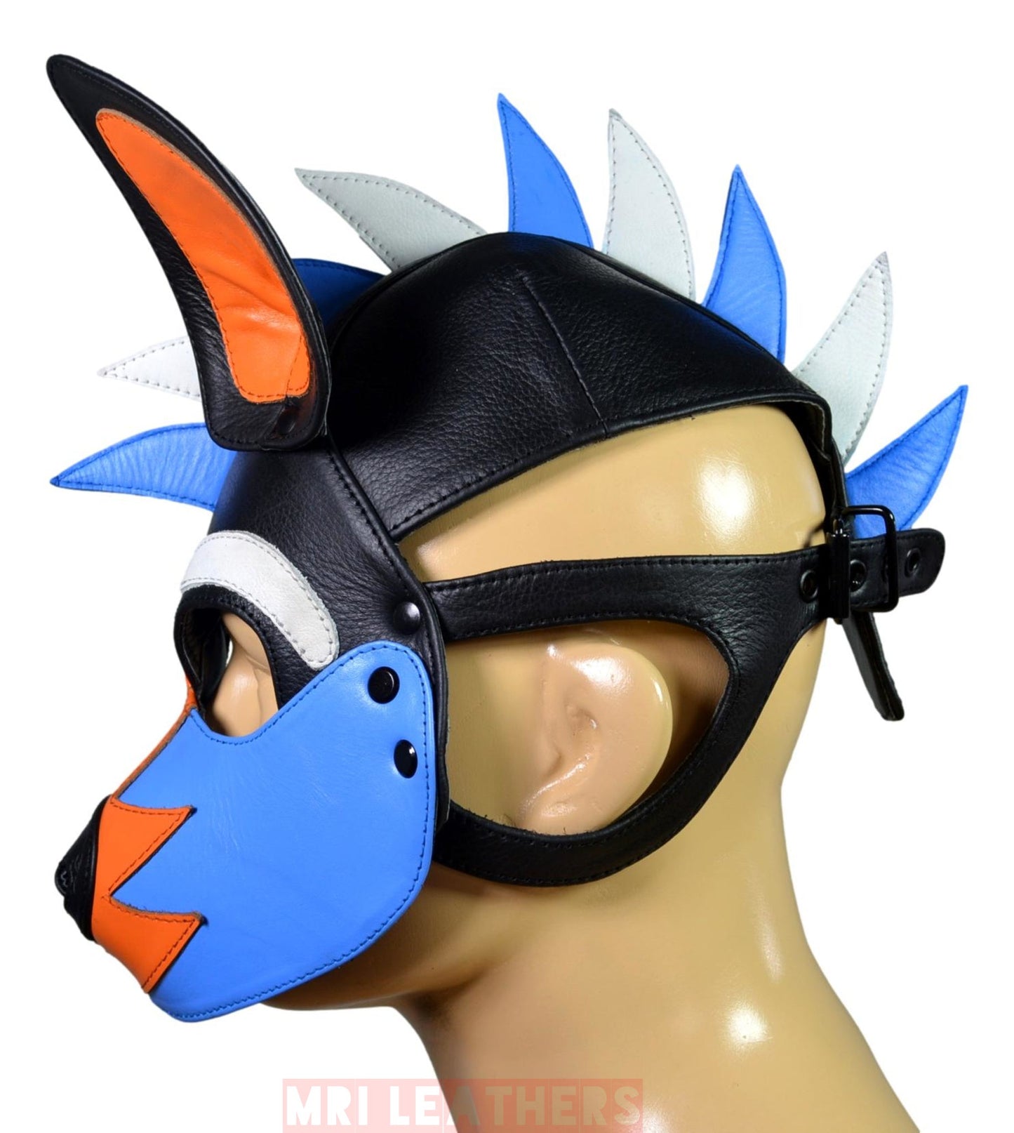 Leather Puppy Mask Hood Human puppy Flame on Head Blue Orange White - MRI Leathers