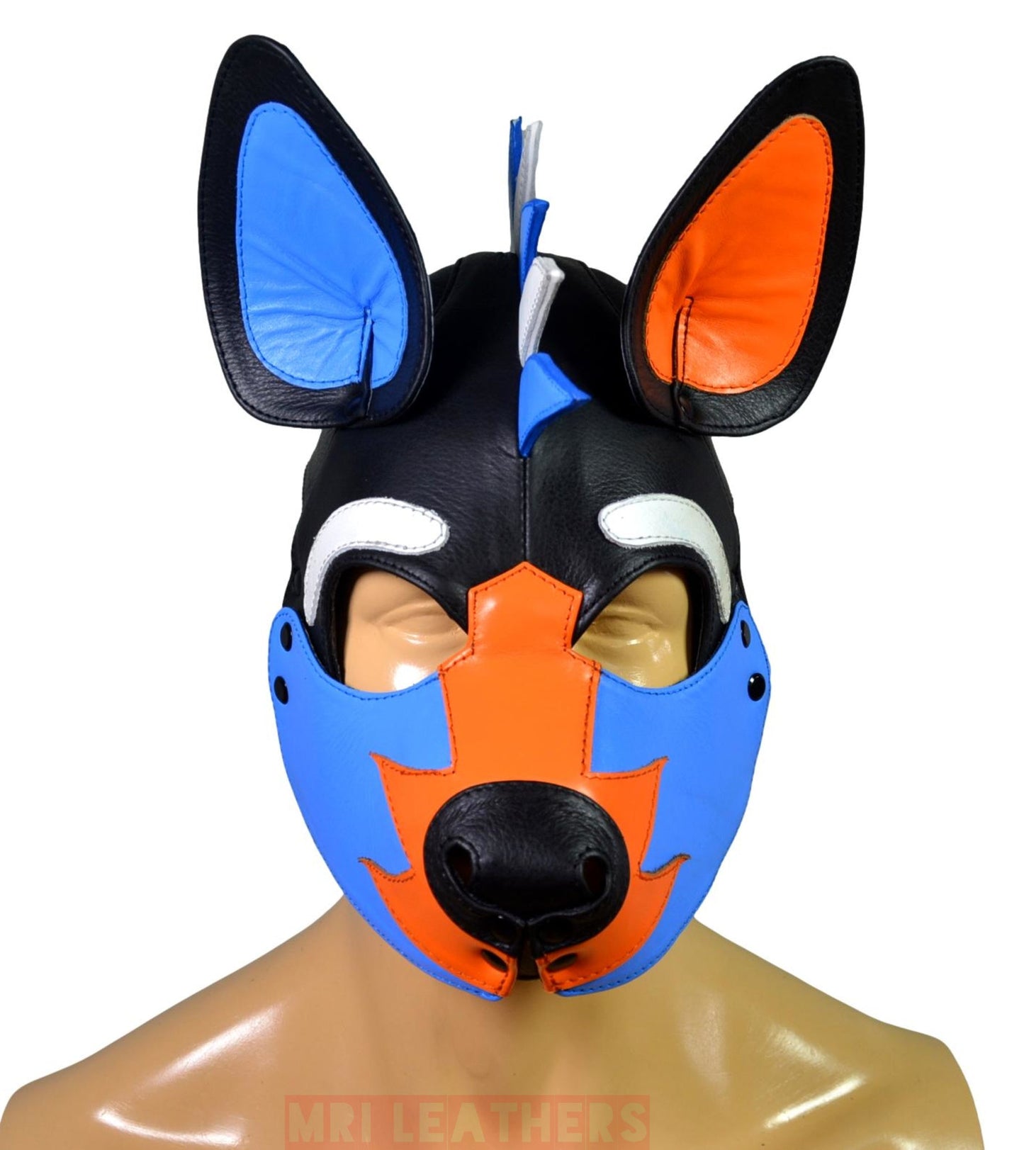 Leather Puppy Mask Hood Human puppy Flame on Head Blue Orange White - MRI Leathers