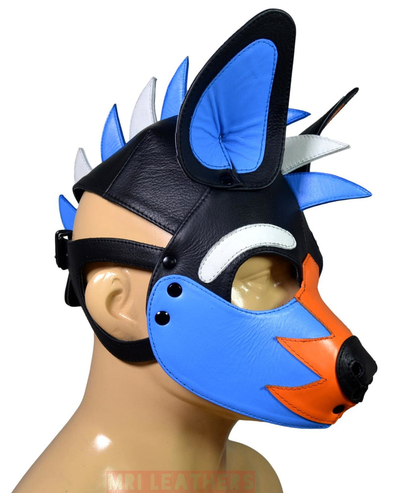 Leather Puppy Mask Hood Human puppy Flame on Head Blue Orange White - MRI Leathers