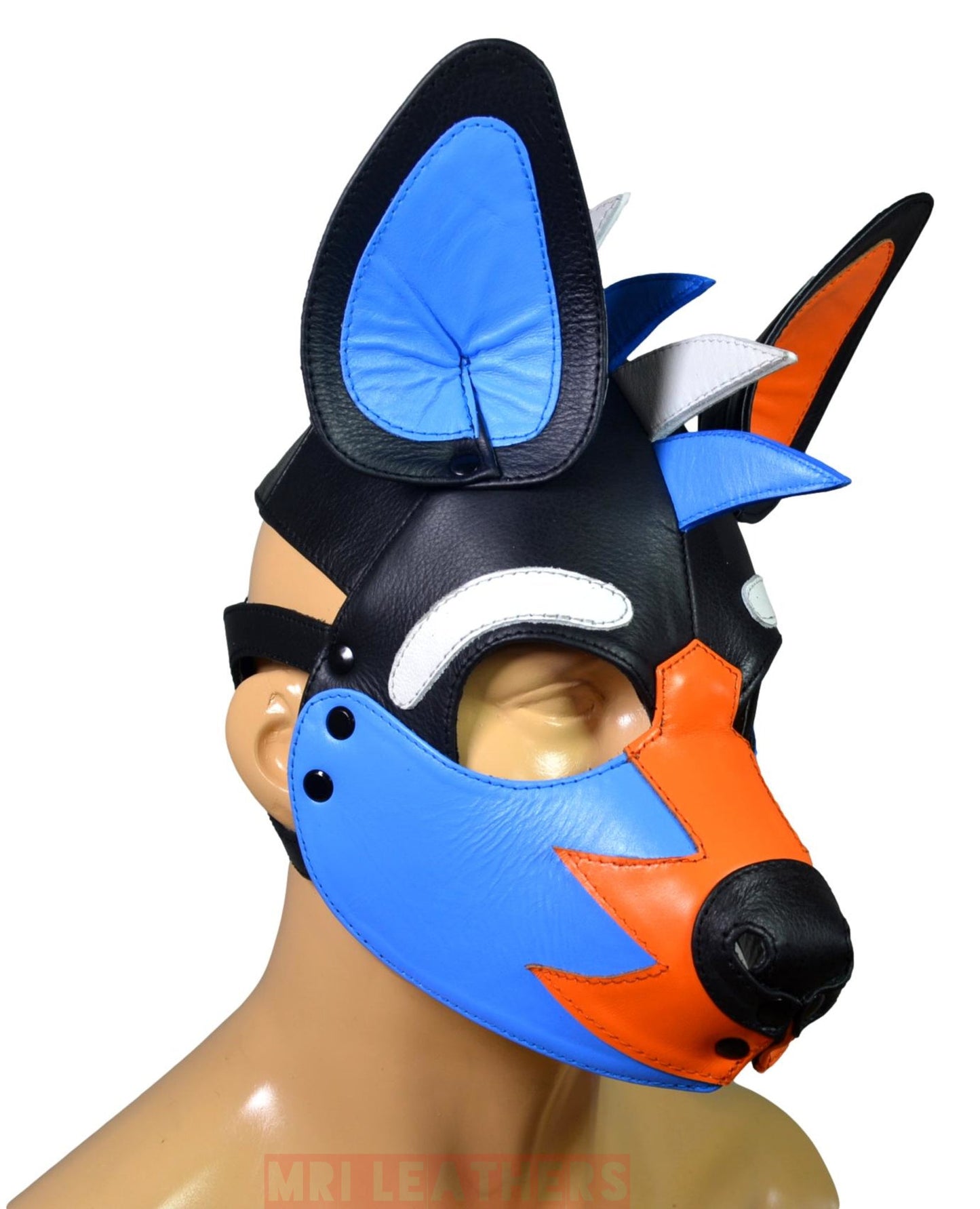 Leather Puppy Mask Hood Human puppy Flame on Head Blue Orange White - MRI Leathers
